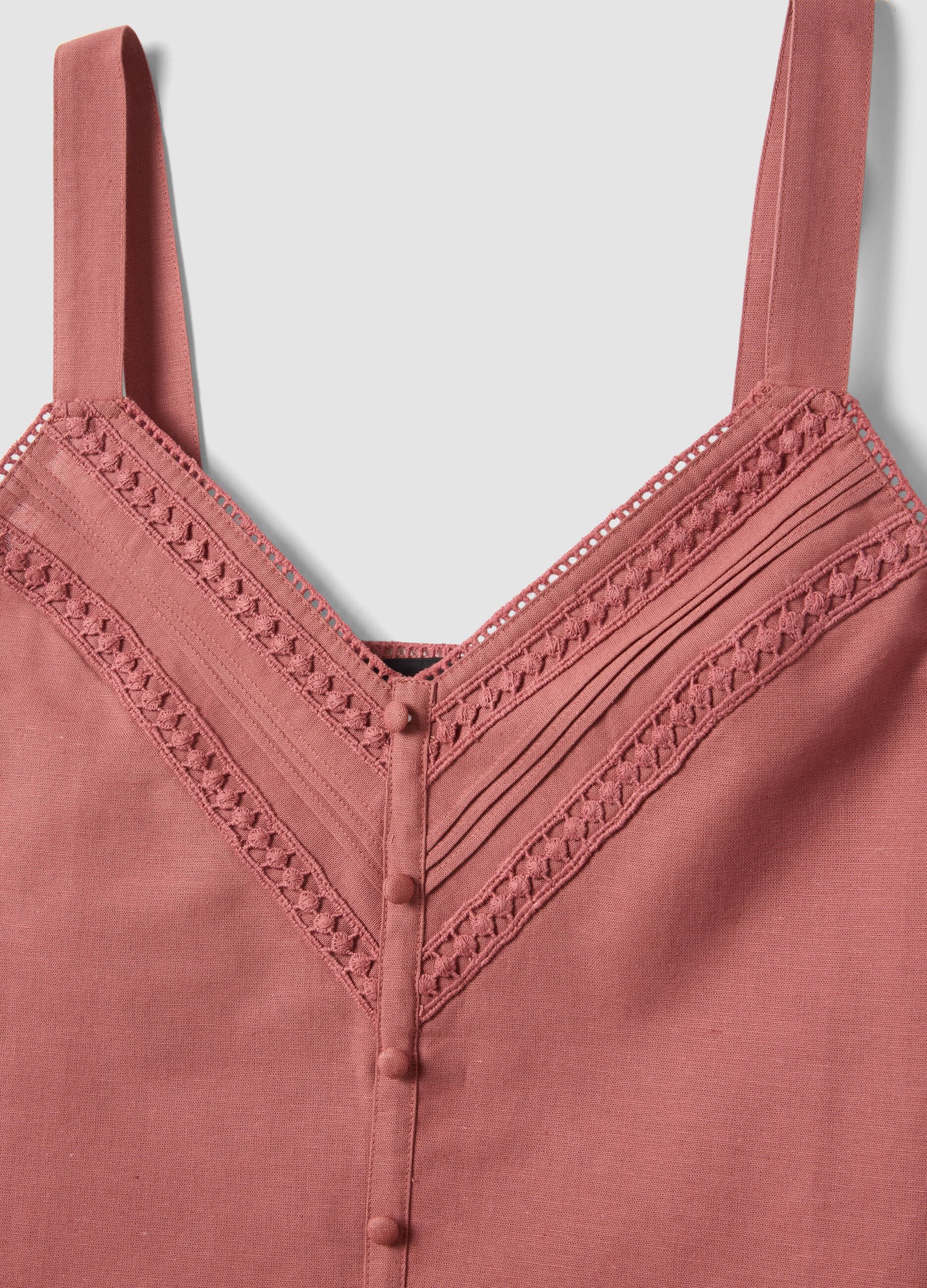 Pink regular fit cotton-linen blend top with lace details