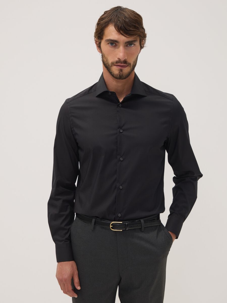 Black slim-fit stretch cotton poplin shirt_0