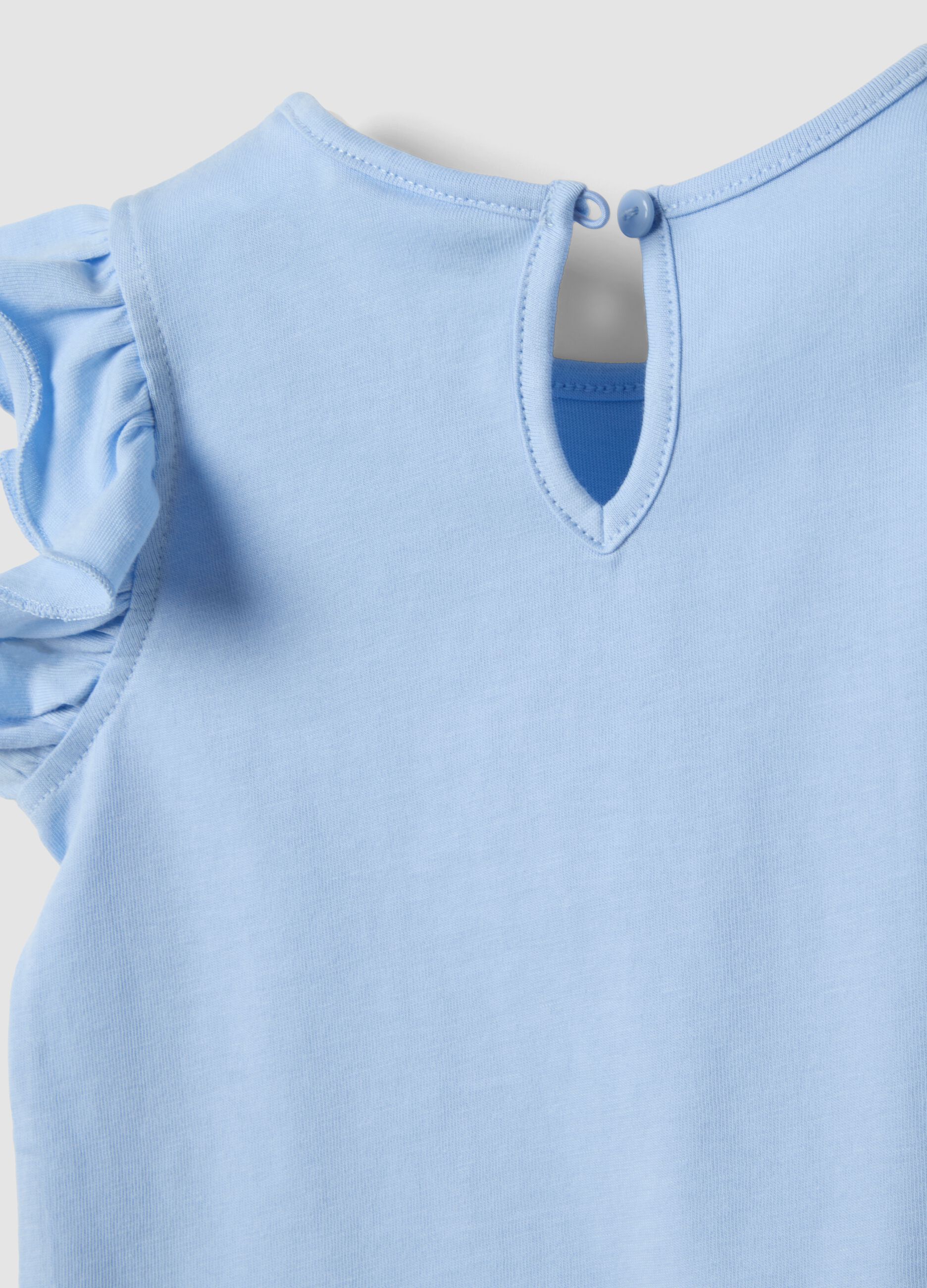 Hellblaues Tanktop aus reiner Bio-Baumwolle f&uuml;r Baby-M&auml;dchen mit Print und Volants