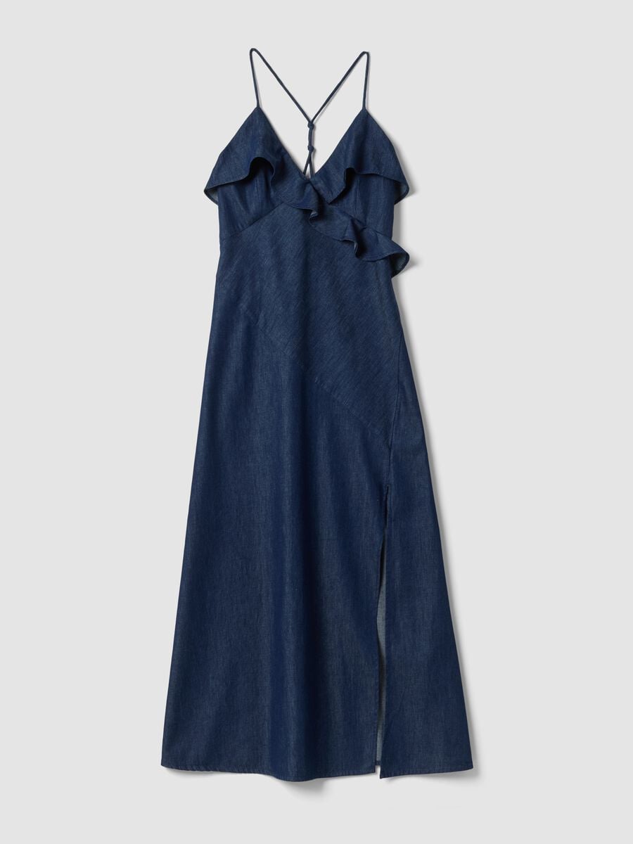 Vestido largo azul de algod&oacute;n puro con volantes_4