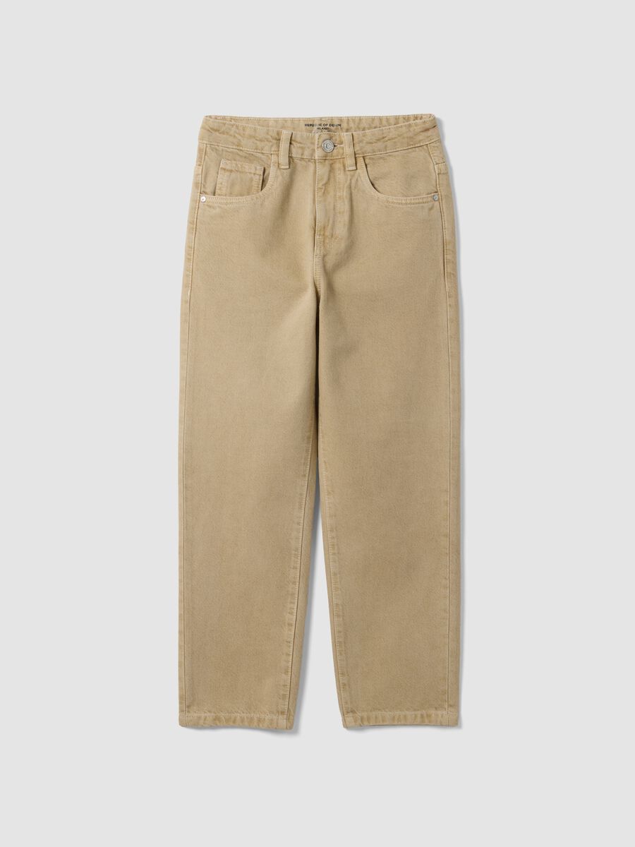 Beige cotton denim jeans, relaxed fit for boys_0