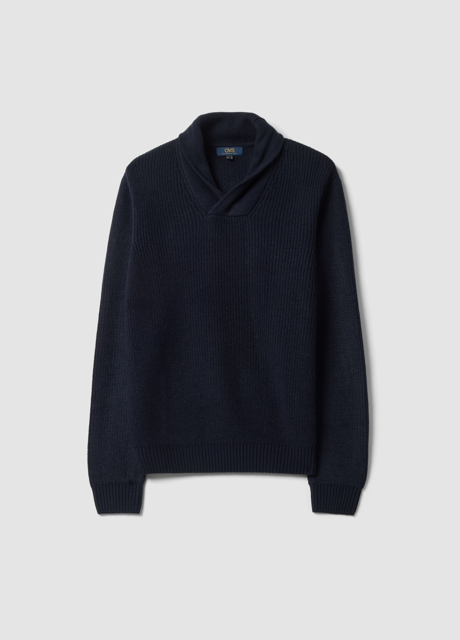 Blue ribbed shawl-collar jumper, regular fit