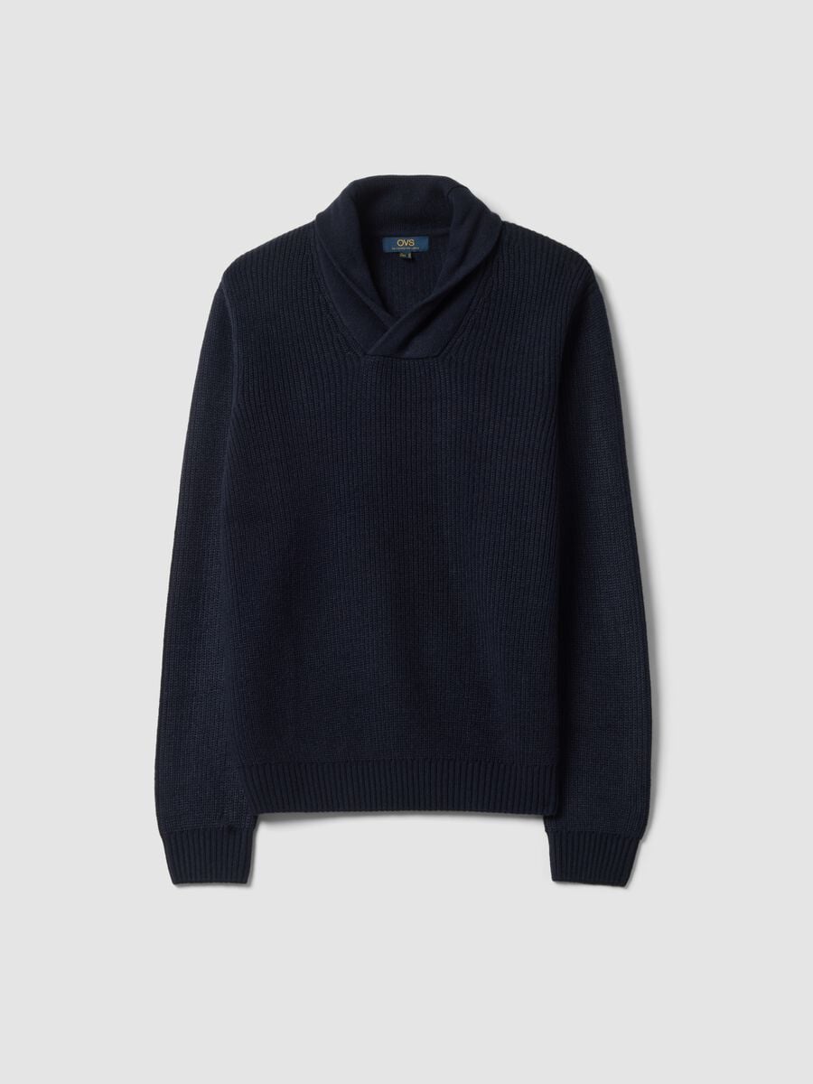 Blue ribbed shawl-collar jumper, regular fit_0