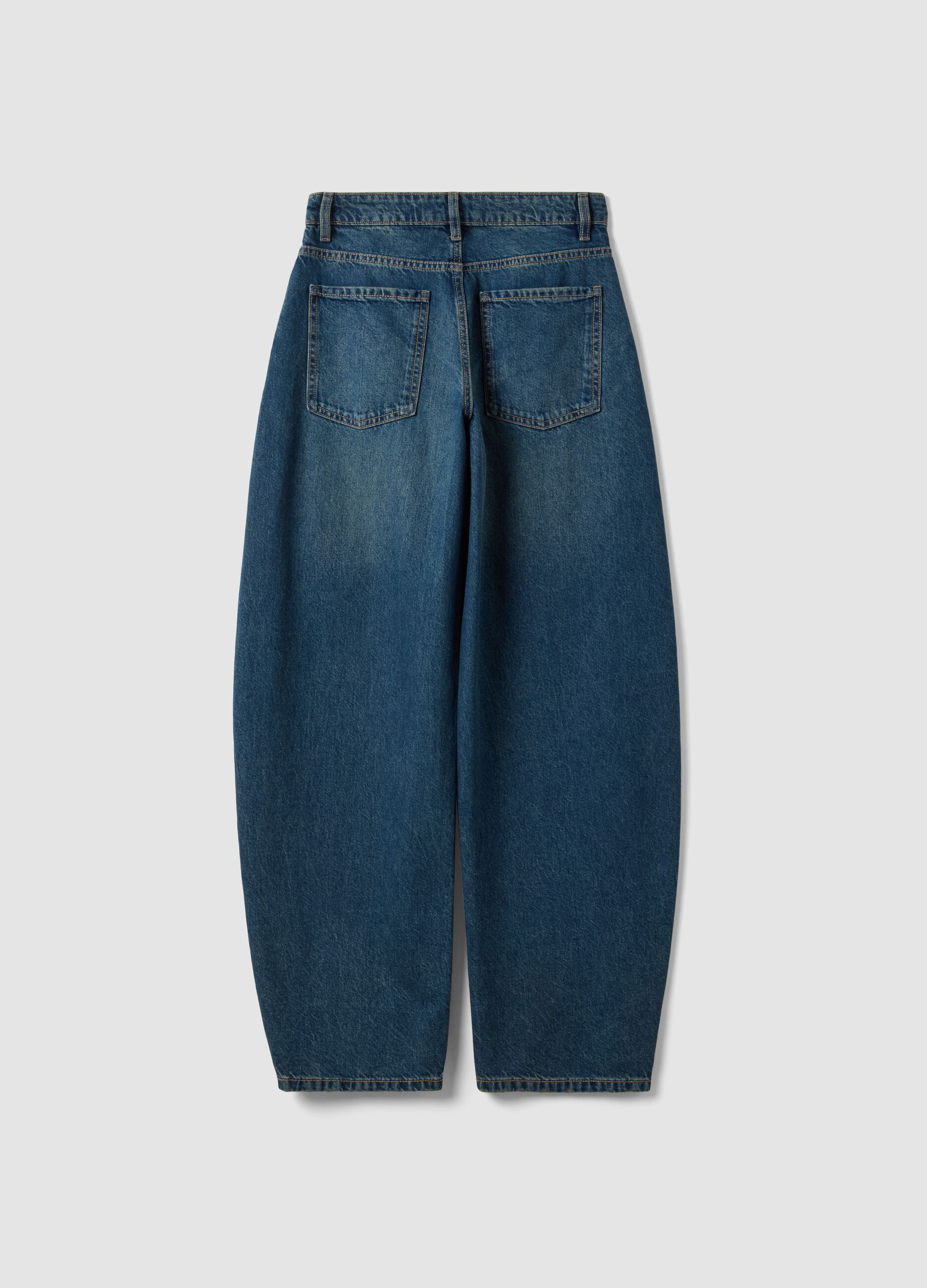 Blue denim pure cotton barrel-fit jeans