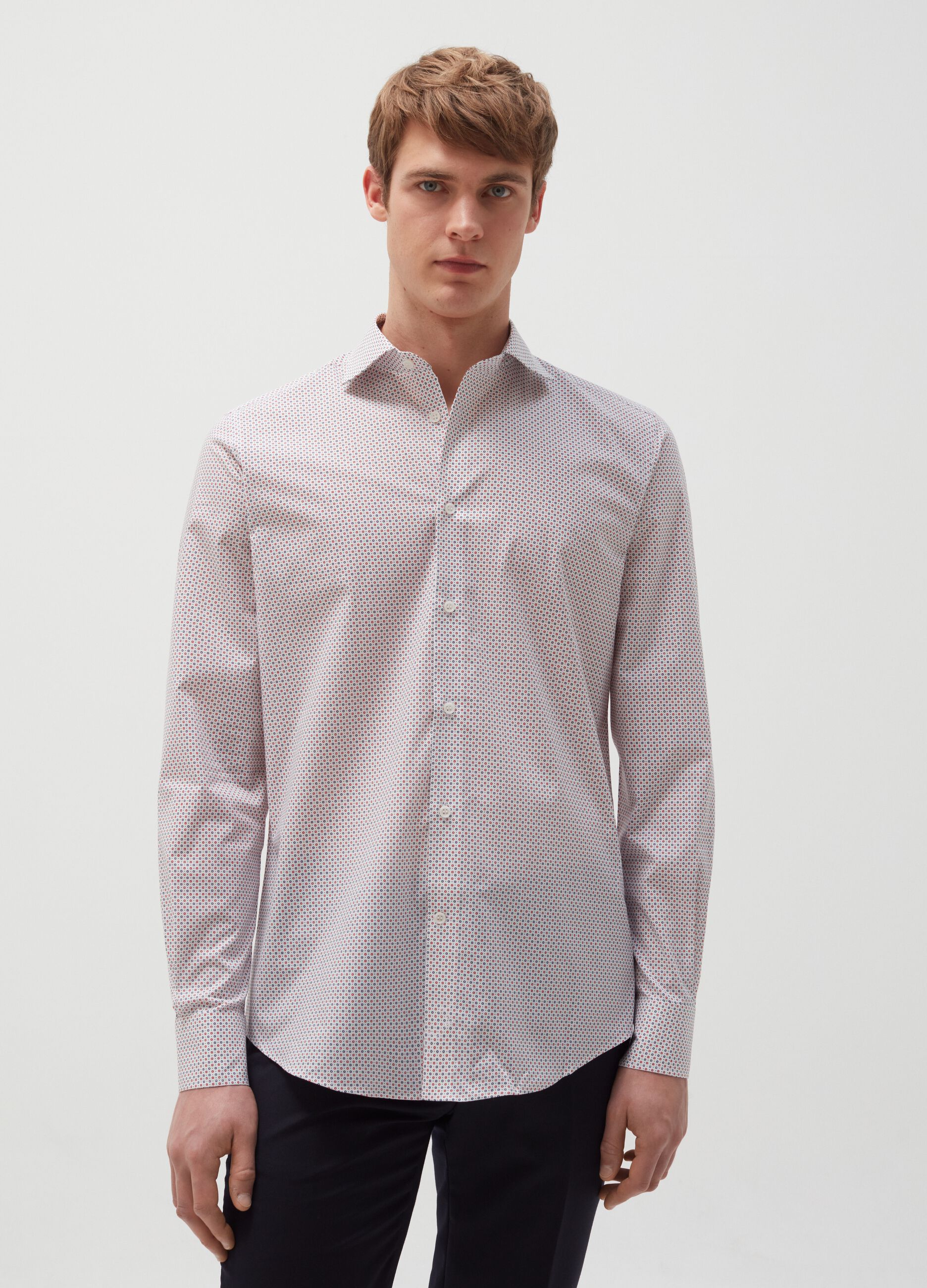 Slim-fit shirt in stretch cotton with mini polka dots