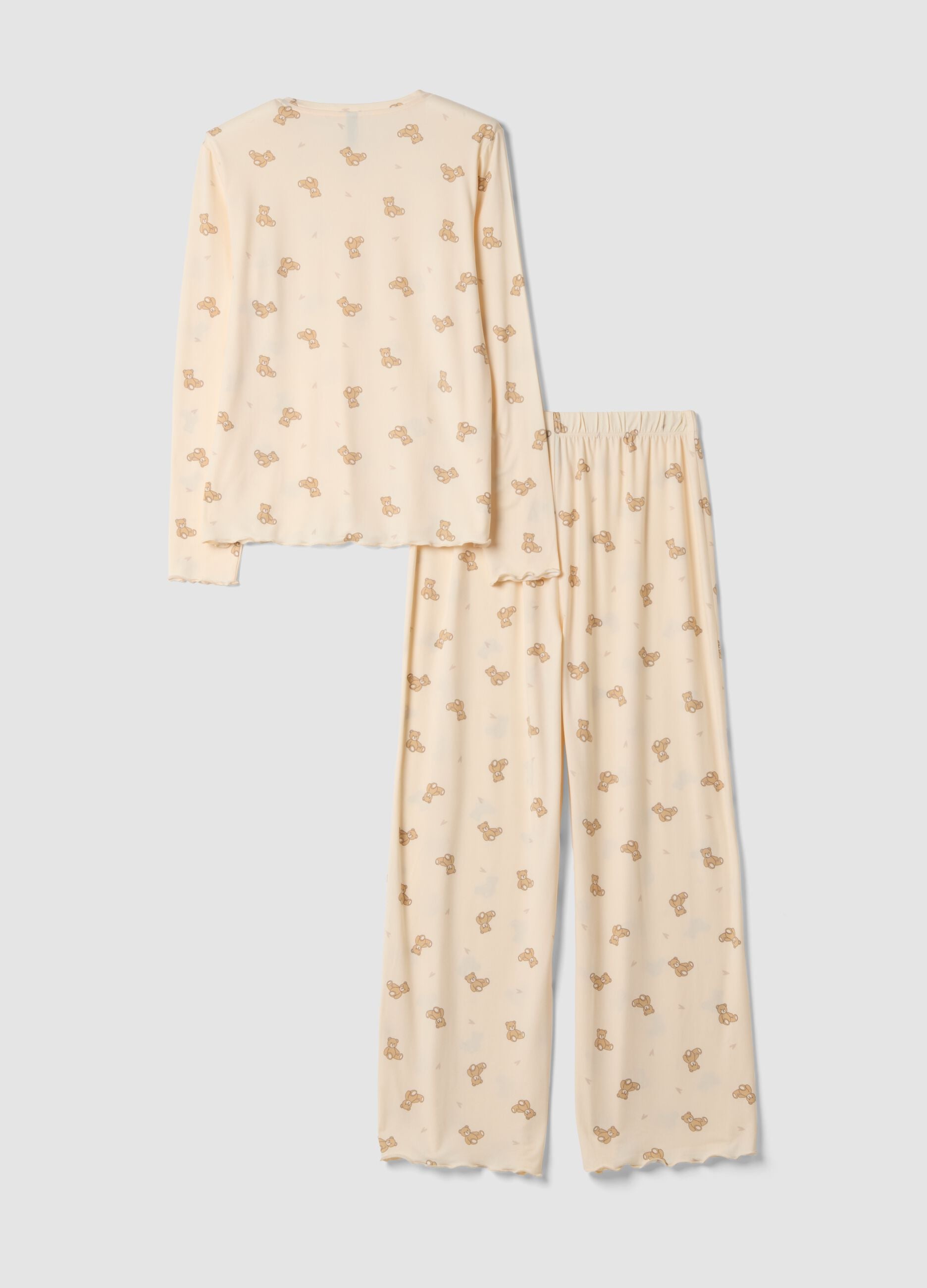 Cream-white stretch fabric crew-neck pyjamas