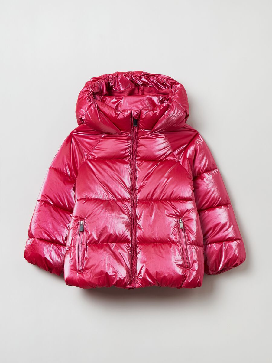 Shiny quilted padded jacket with hood_0