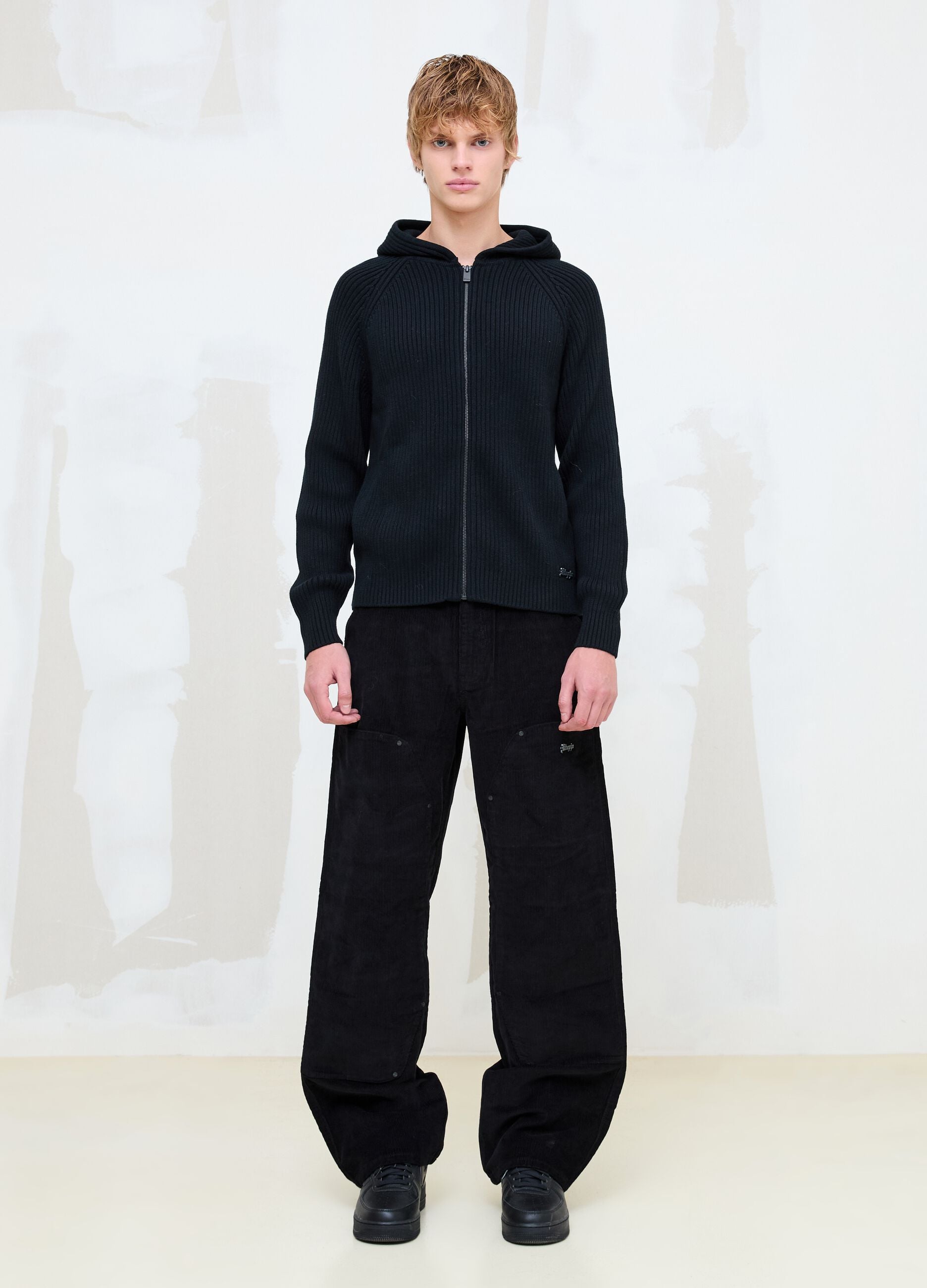 Black Ribbed Knit Hoodie