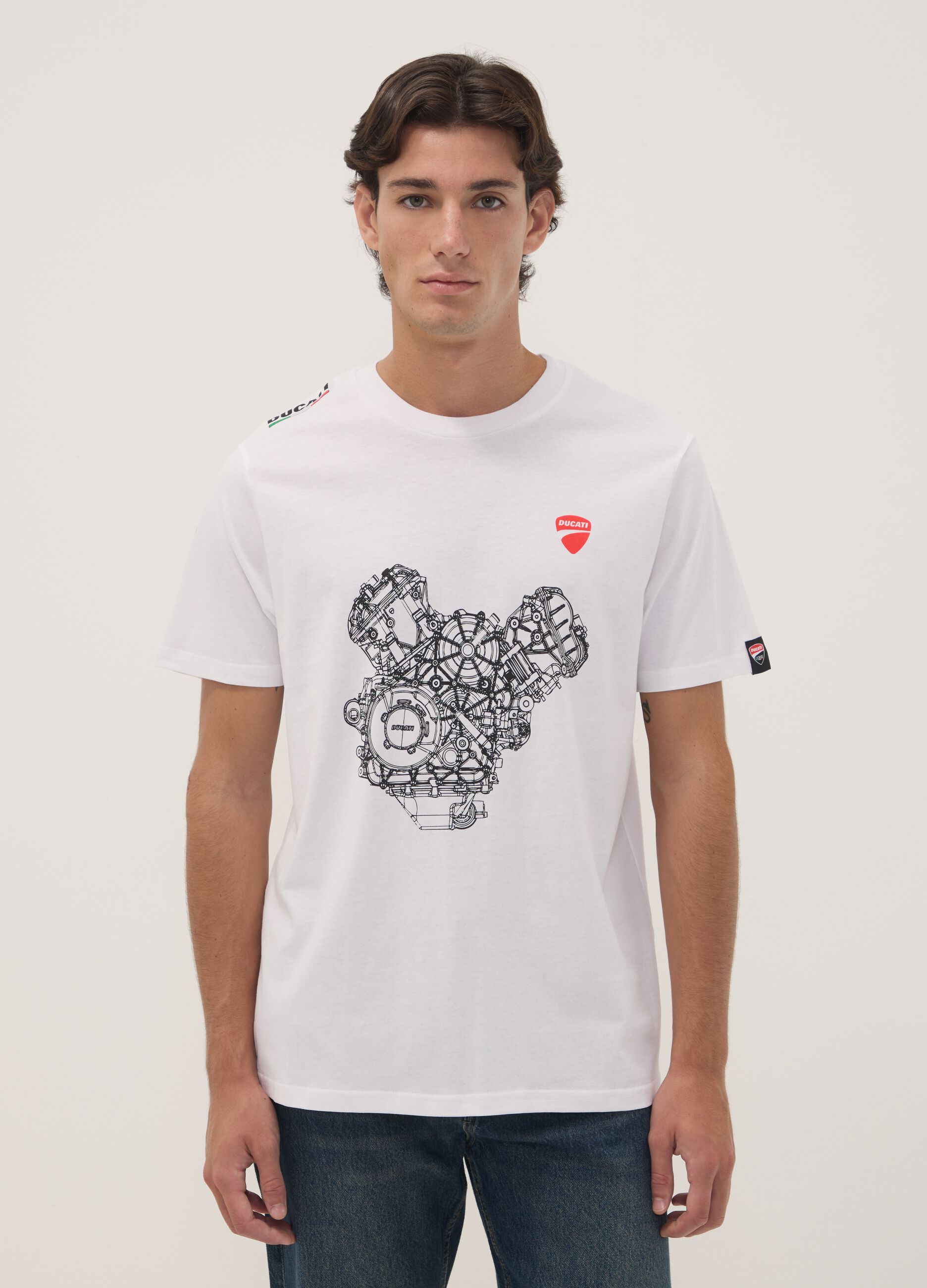 White pure cotton crew-neck T-shirt with Ducati print, regular fit
