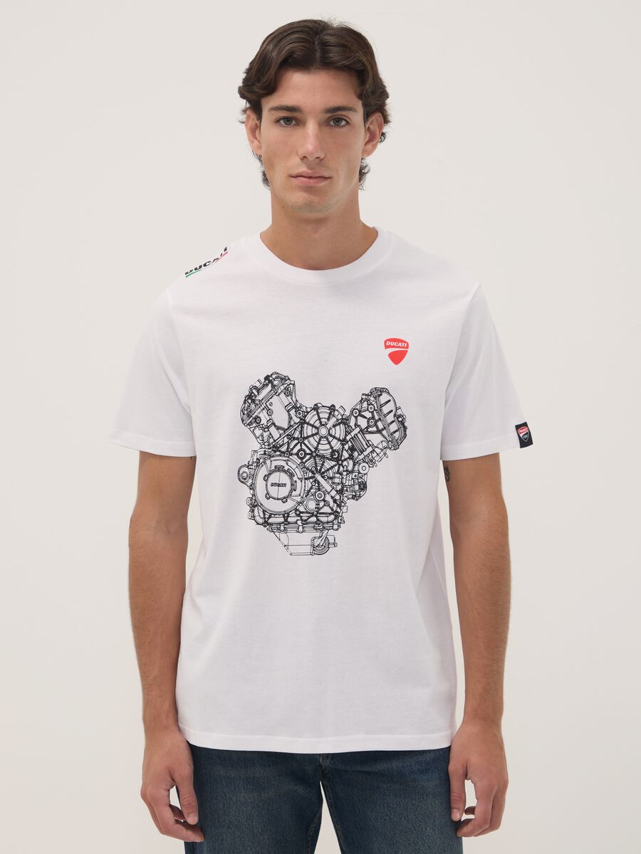 Wei&szlig;es T-Shirt aus reiner Baumwolle mit Rundhalsausschnitt und Ducati-Print, Regular Fit_0