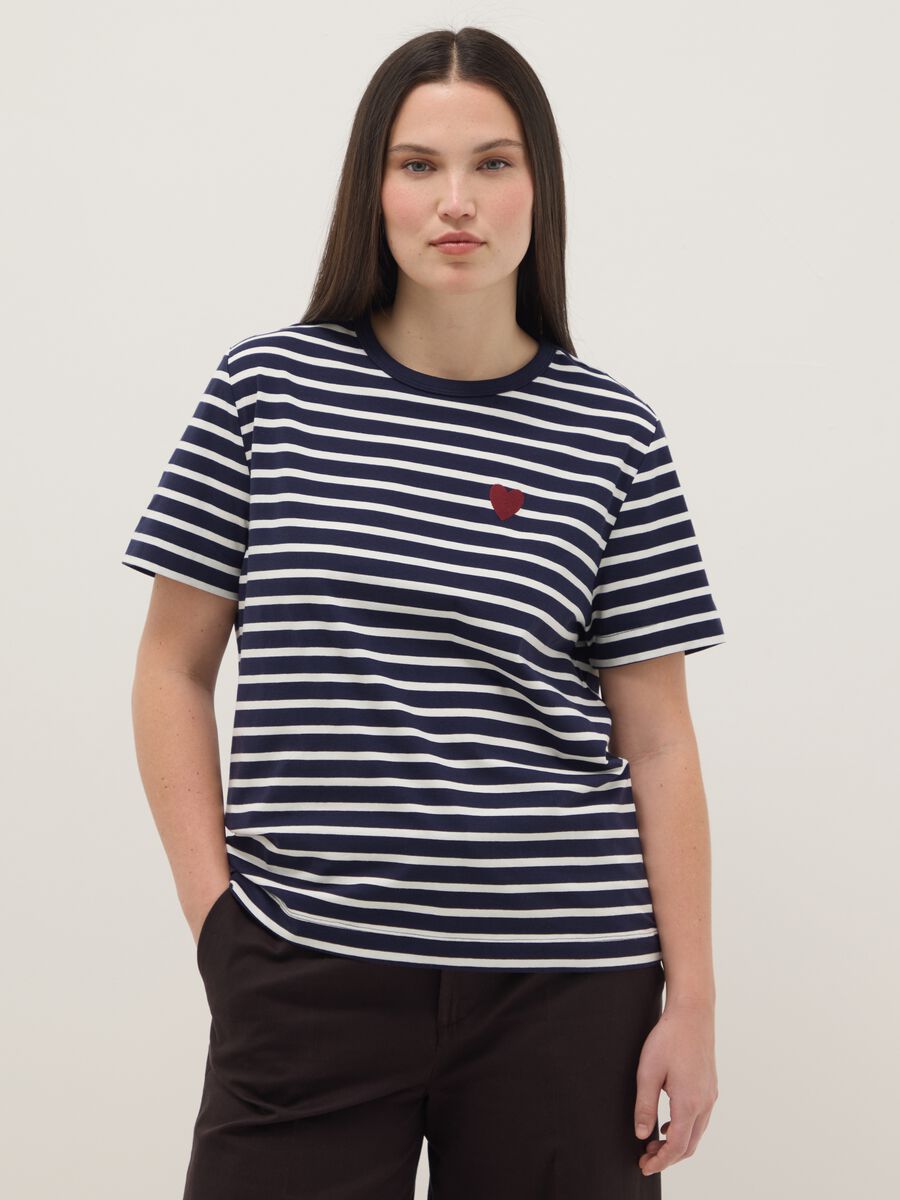 Multicolor striped regular fit stretch cotton t-shirt with heart_0