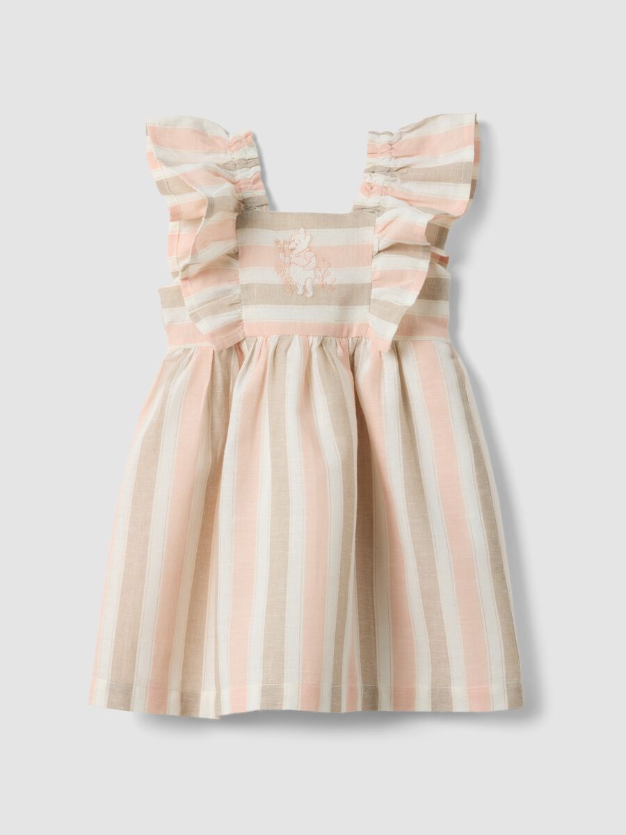 Pink striped cotton and linen-blend dress with ruffles_0