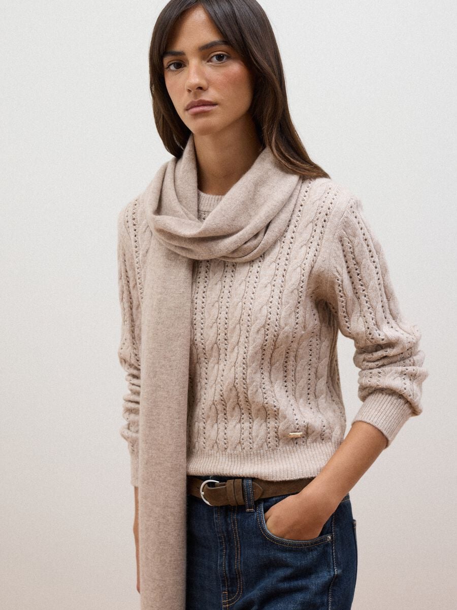 Beige cable-knit wool-blend crew-neck jumper, regular fit_0