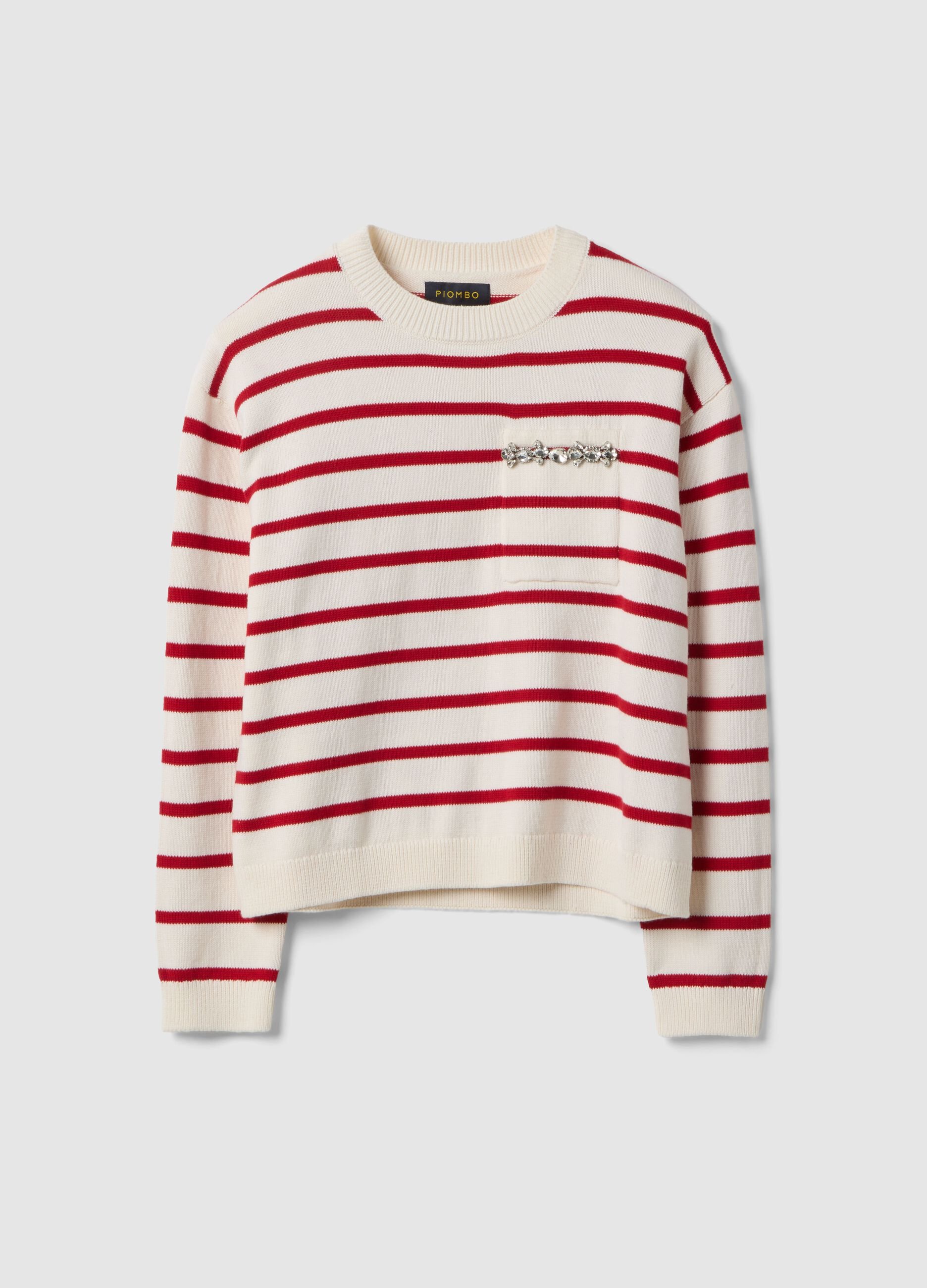 Beige jumper with red stripes in pure cotton regular fit