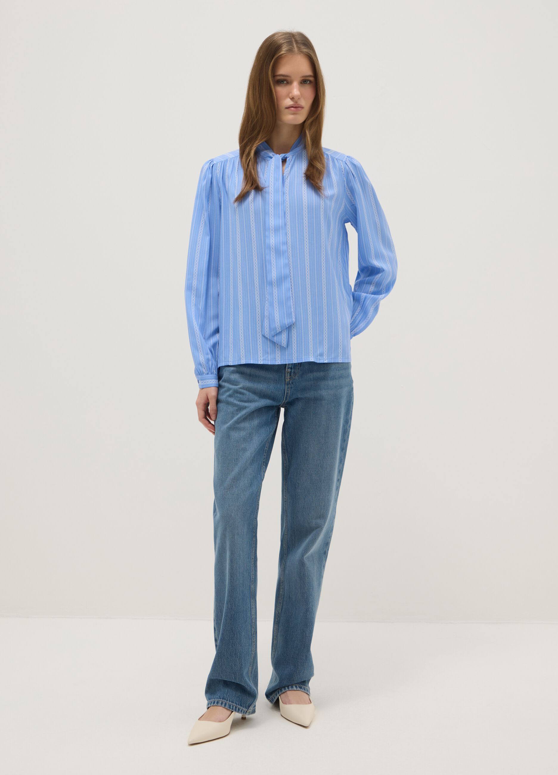 Light blue pure viscose shirt with bow and striped pattern