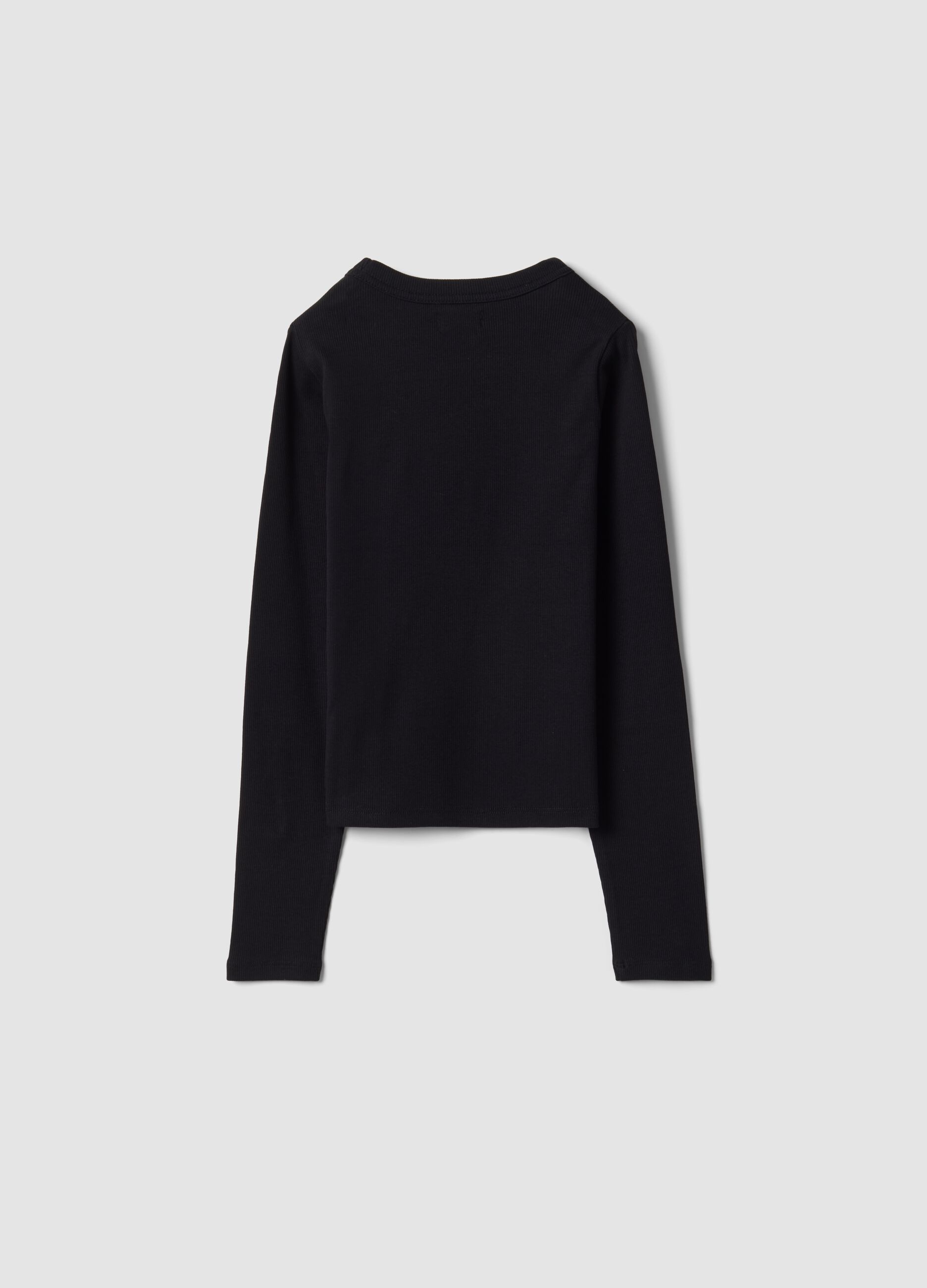 Black stretch organic cotton T-shirt with ribbed neckline