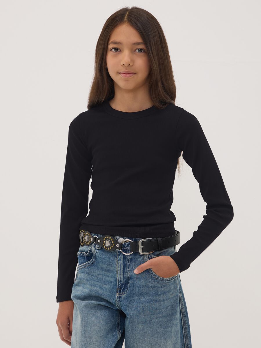 Black stretch organic cotton T-shirt with ribbed neckline_0