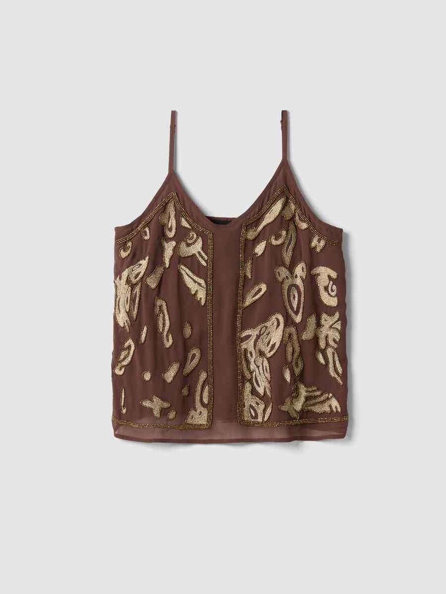 Brown fitted pure viscose top with thin straps and embroidered pattern_4