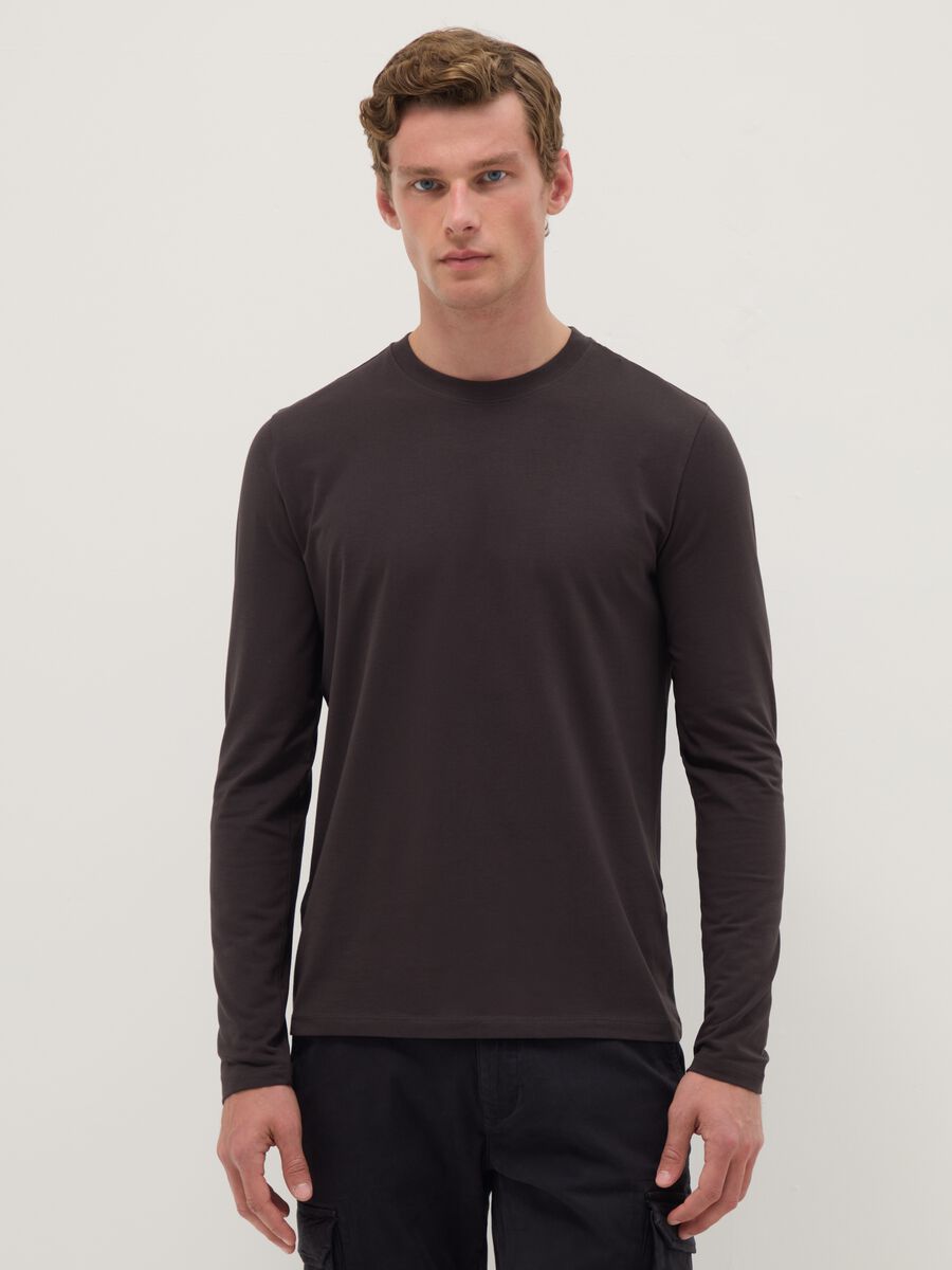 Brown long-sleeve T-shirt in stretchy cotton regular fit_0