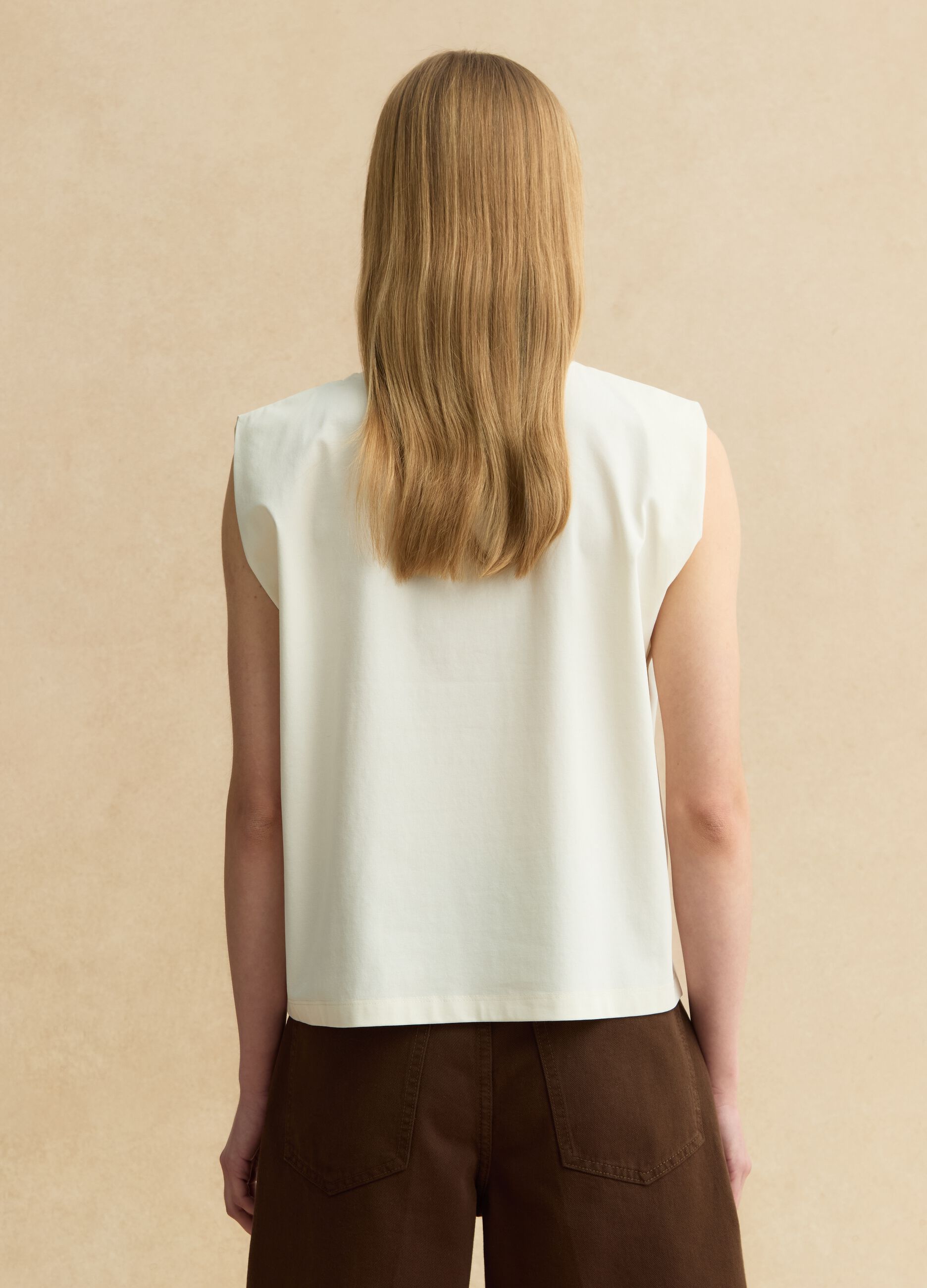 Sleeveless white cotton blend regular fit t-shirt with embroidery