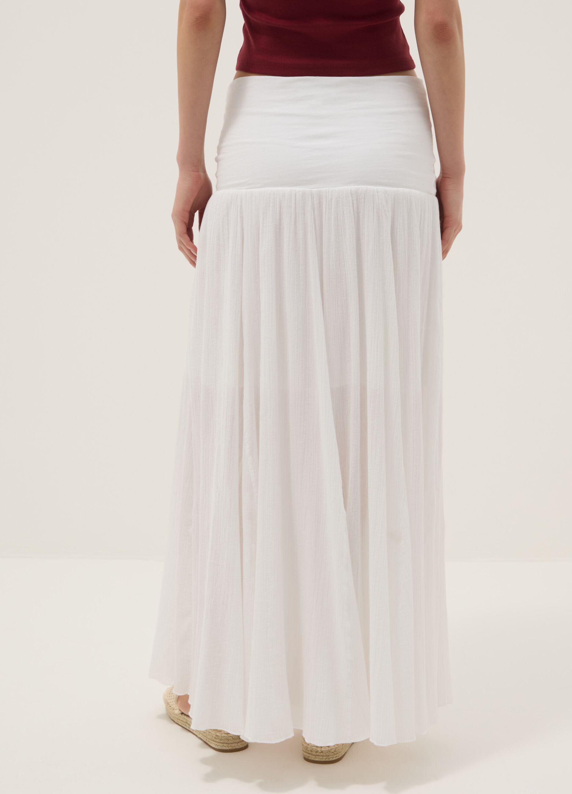 Long white pure cotton skirt with elasticated waist and sheer detailing