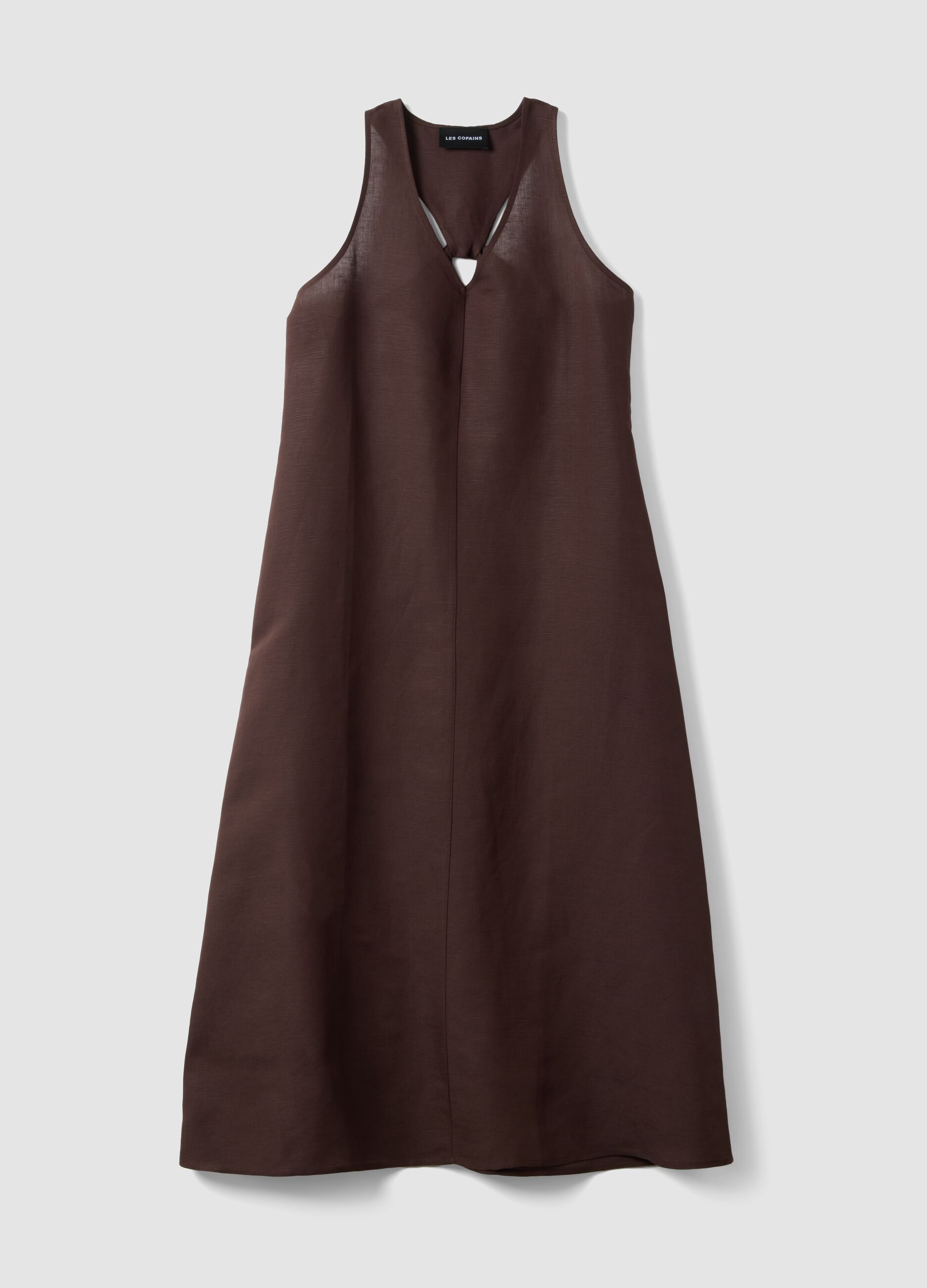 Brown linen-viscose blend V-neck dress, regular fit