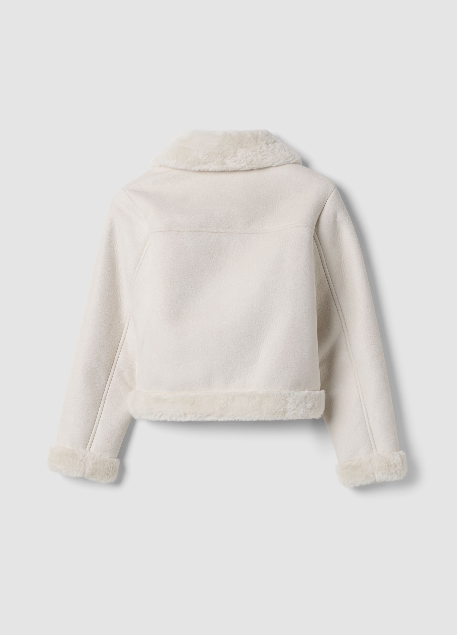 White slim-fit jacket with diagonal zip and shearling-effect trims