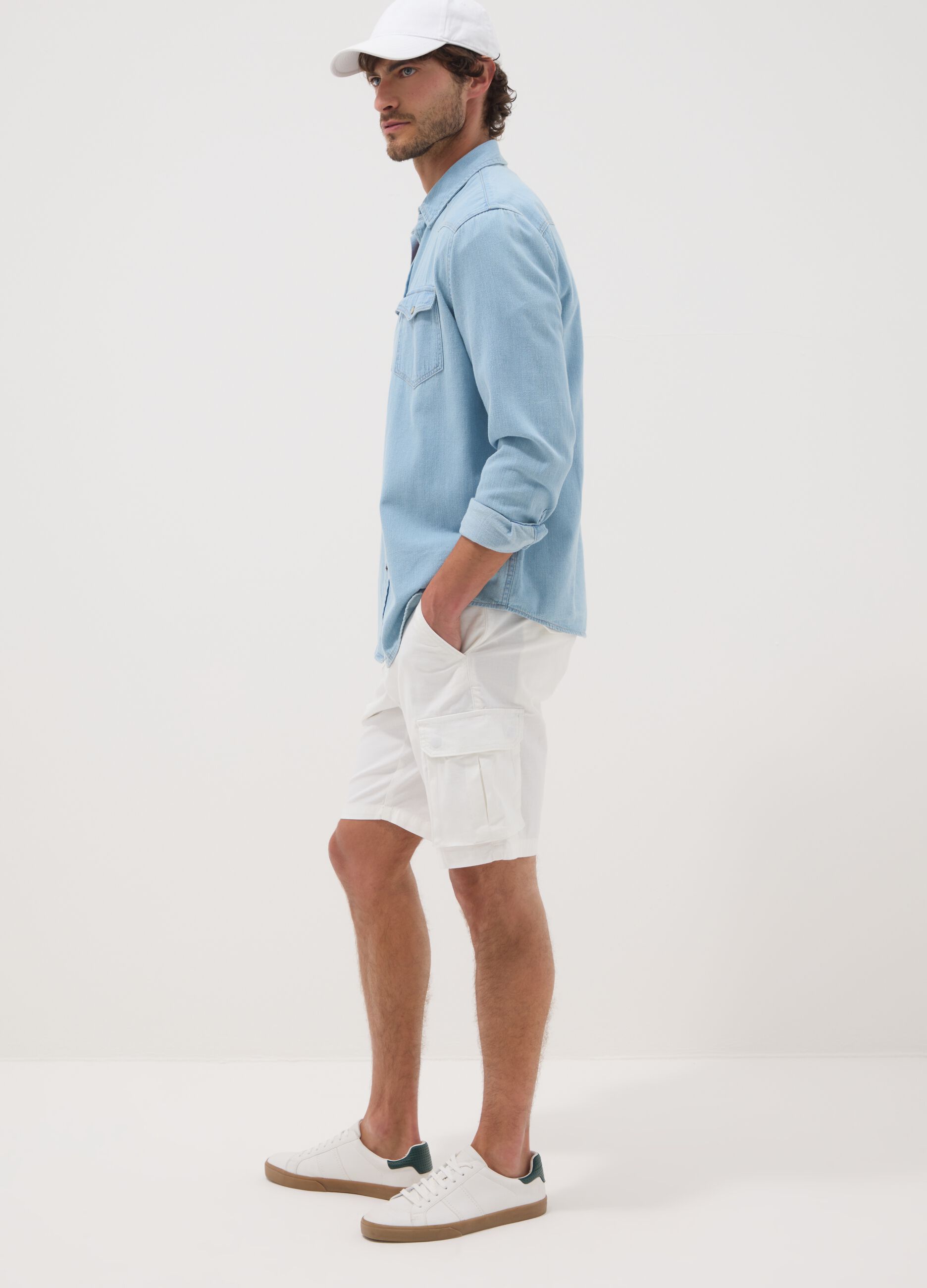White stretch cotton cargo shorts