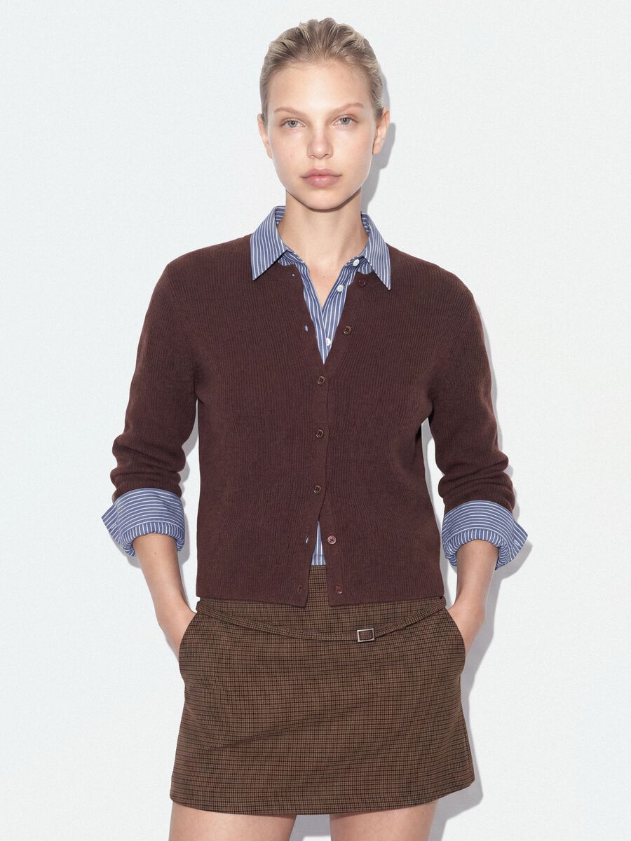 Brown crew-neck cardigan in lyocell and wool blend, oversized fit_0
