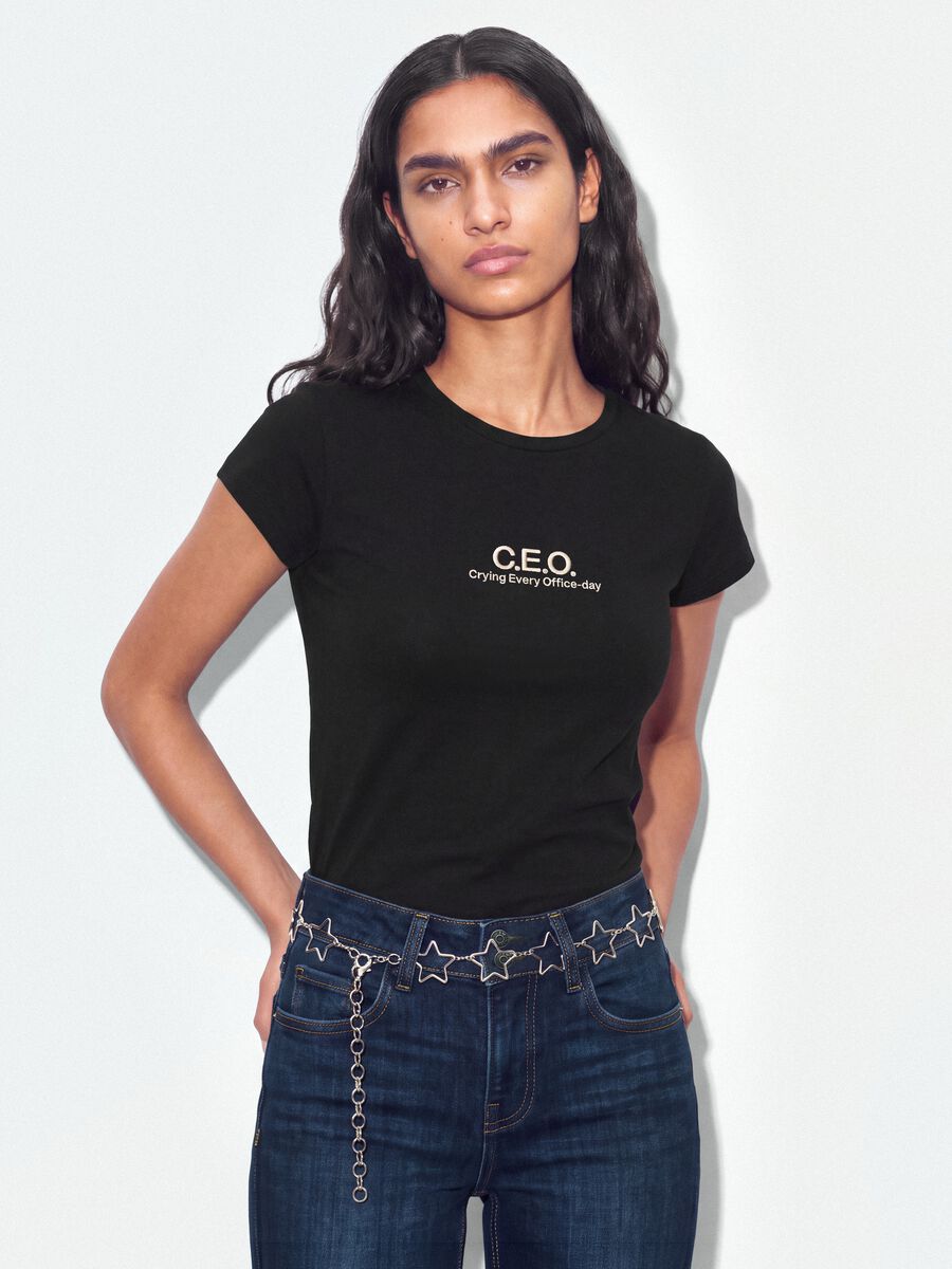 Black pure cotton crew-neck T-shirt with slogan_1
