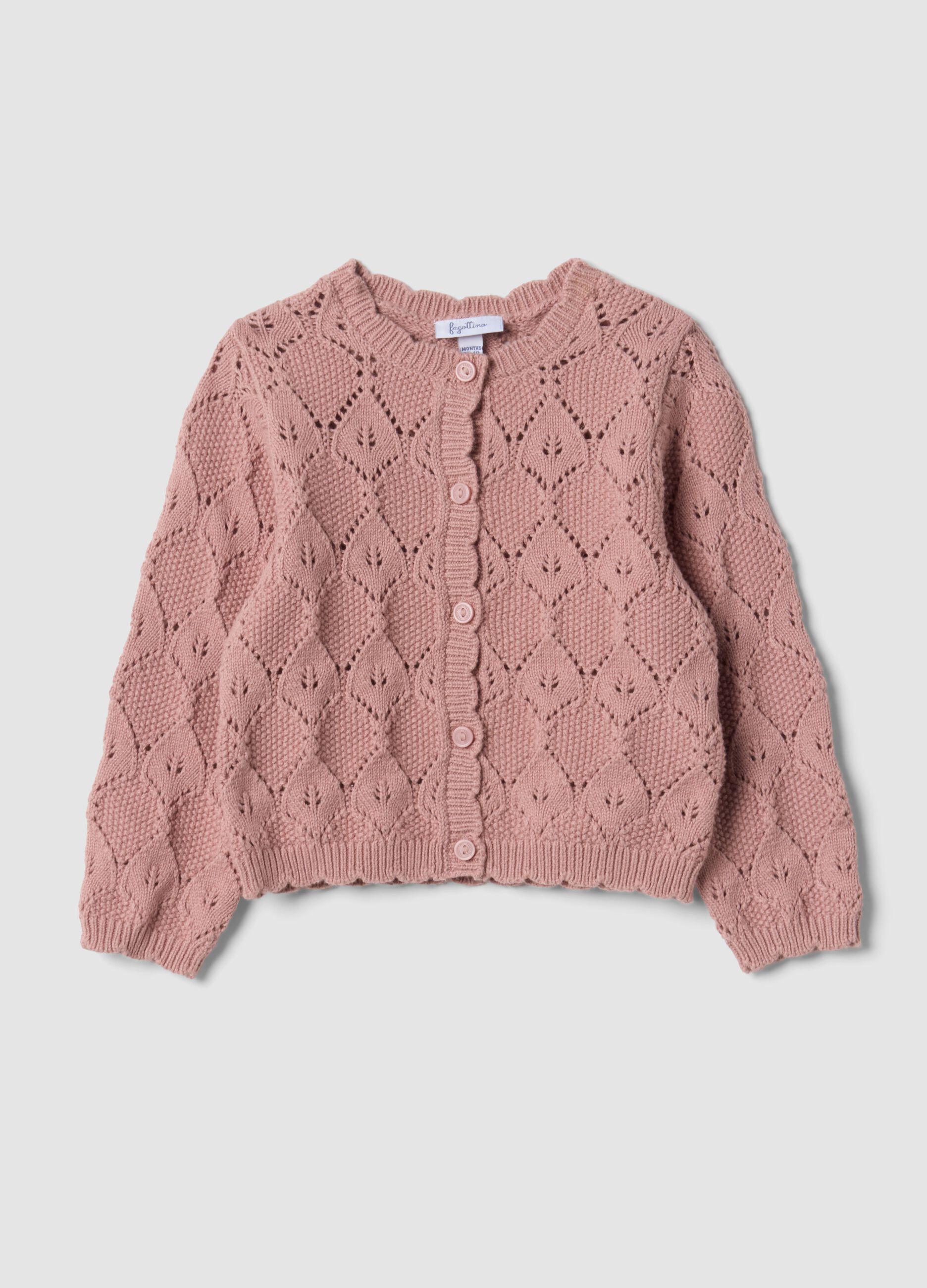 Pink cotton-blend cardigan with openwork round neck