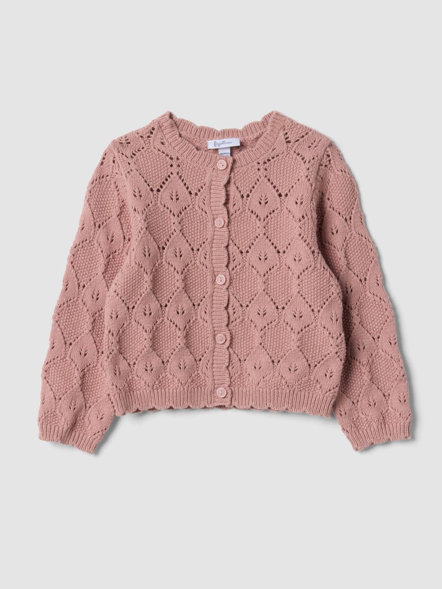 Pink cotton-blend cardigan with openwork round neck_0