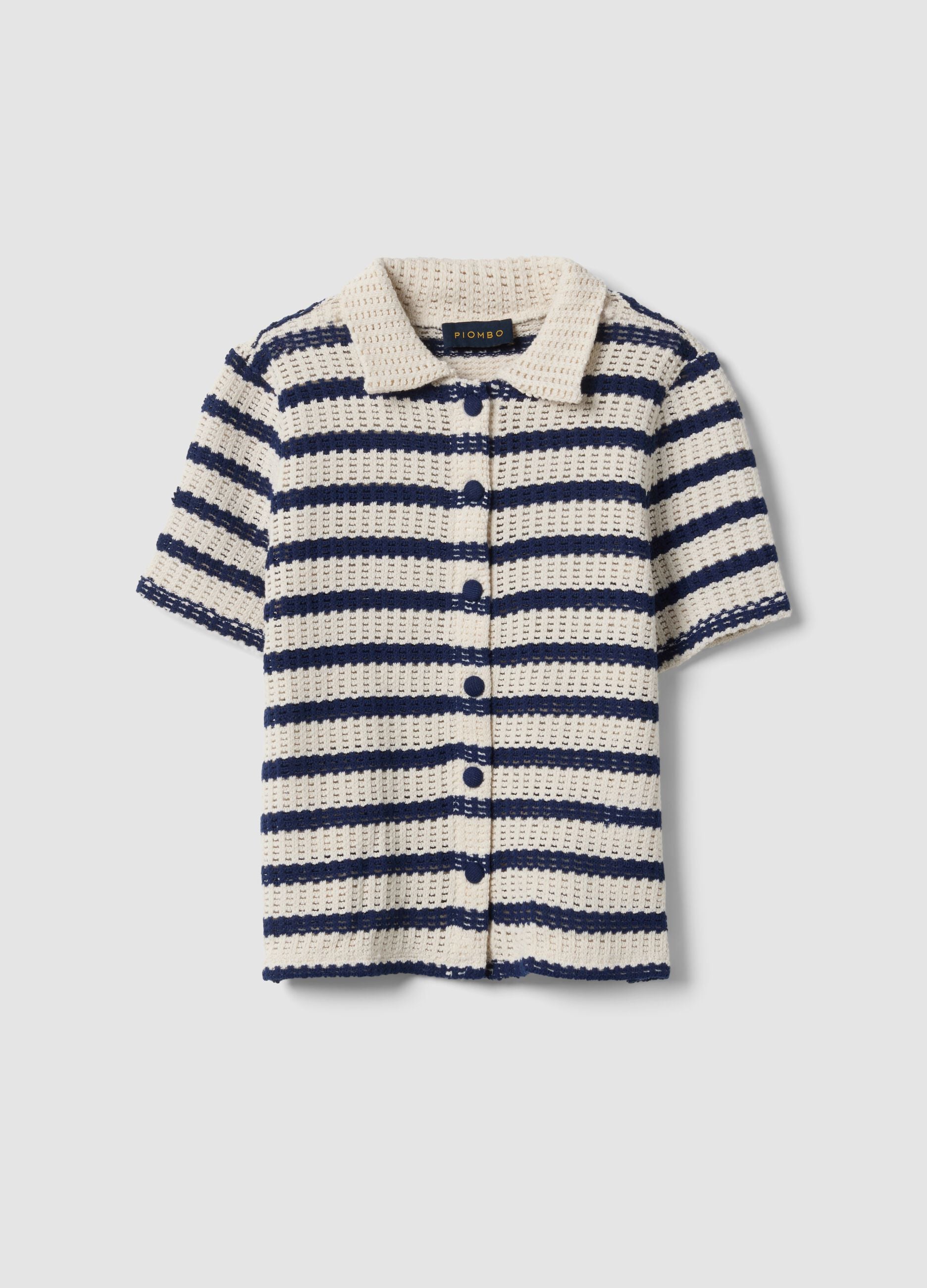 Blue and white striped stretch cotton crochet polo shirt