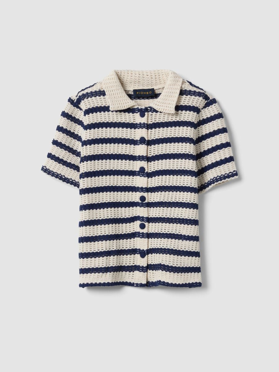 Blue and white striped stretch cotton crochet polo shirt_4