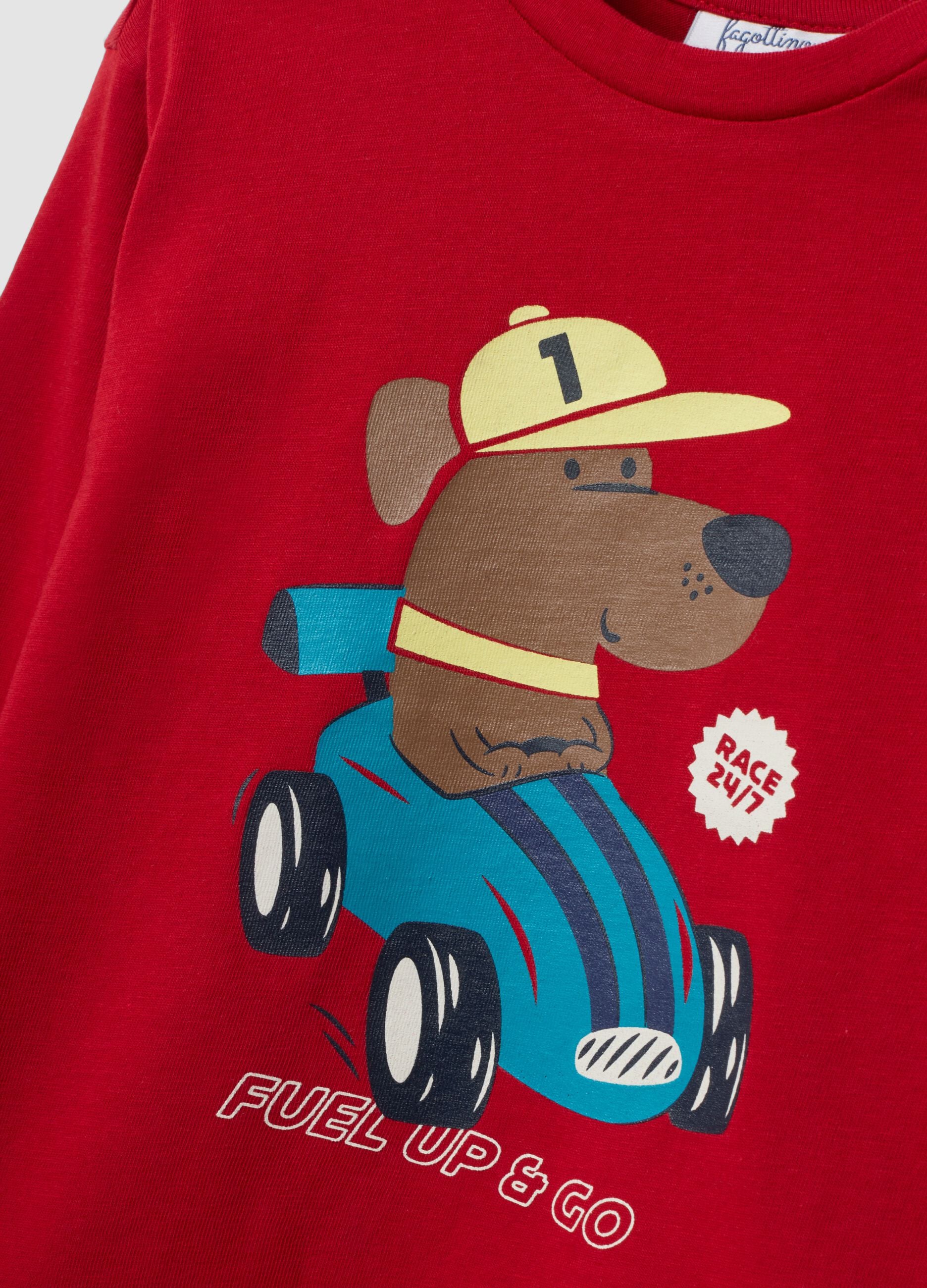 Red pure organic cotton T-shirt with puppy print for boys