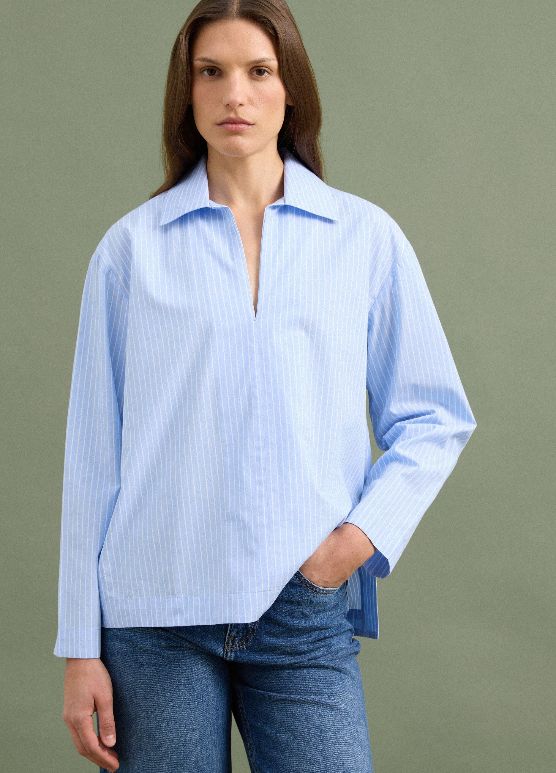 Blue striped pure cotton poplin shirt with V-neck