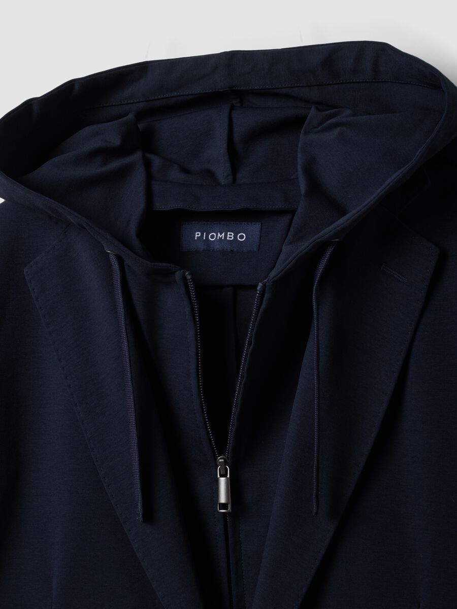 Blazer blu in cotone elasticizzato con cappuccio e rever classici_1