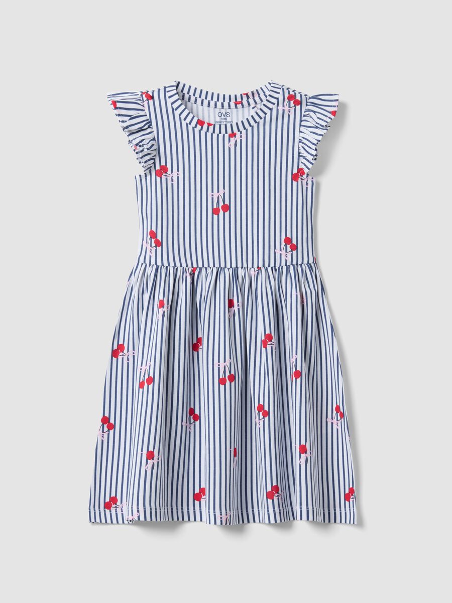 Pure cotton striped blue dress with frills and prints for girls_0