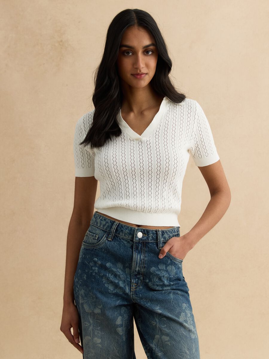 Camisola branca de mistura de algod&atilde;o, regular fit com gola polo_1