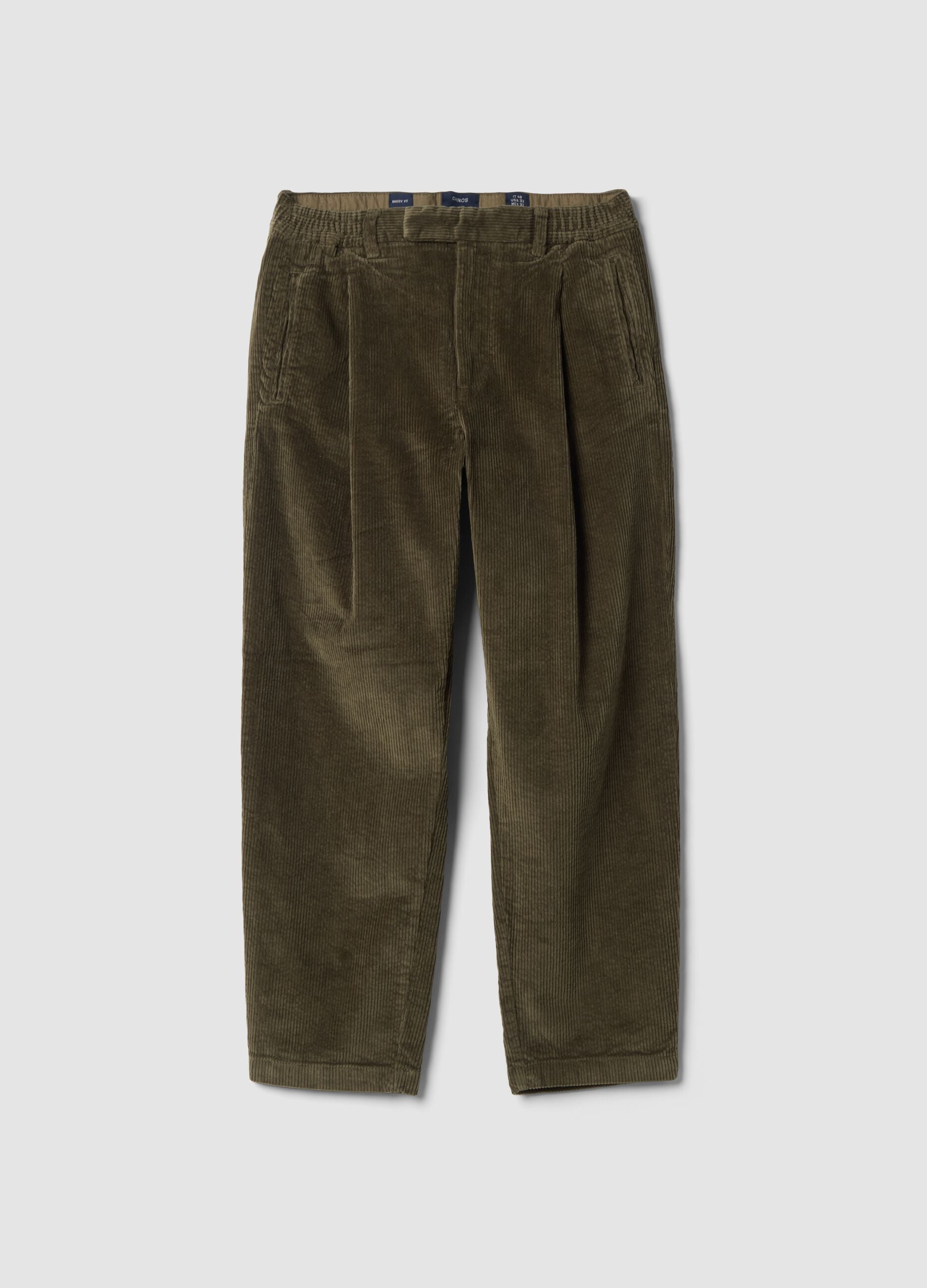 Pantaloni chino verdi in cotone elasticizzato baggy fit a coste