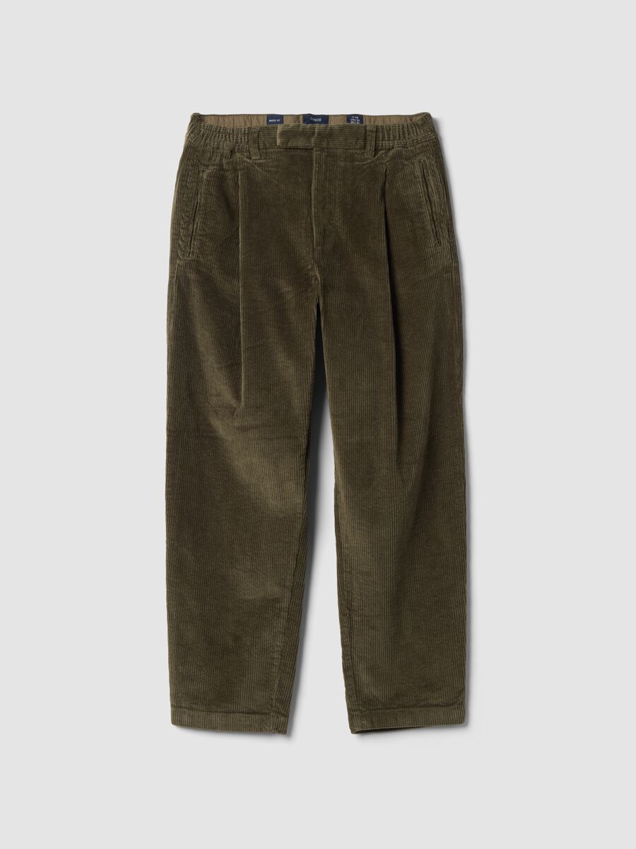 Pantaloni chino verdi in cotone elasticizzato baggy fit a coste_0