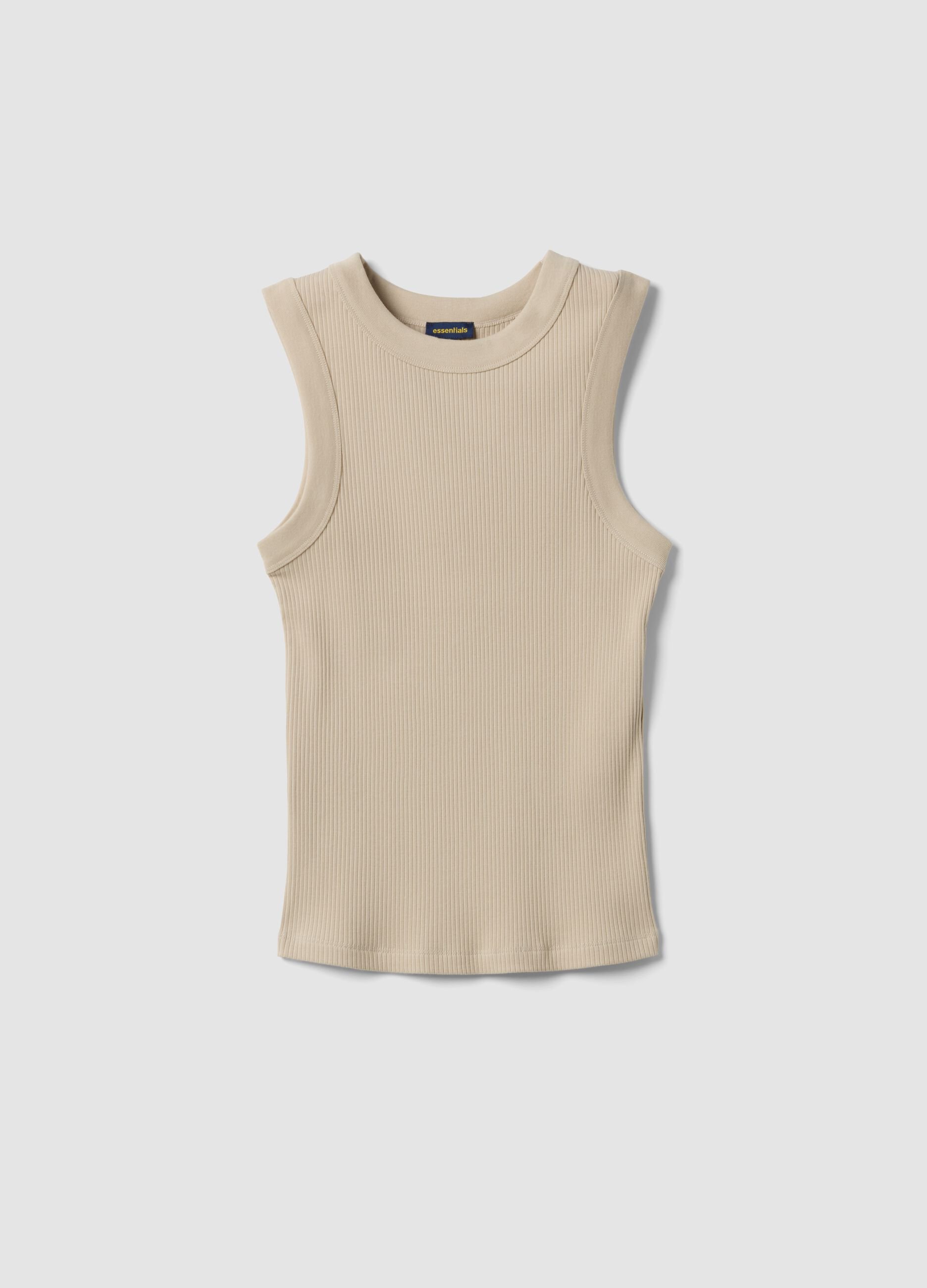 Tank top beige in cotone elasticizzato a costine fitted
