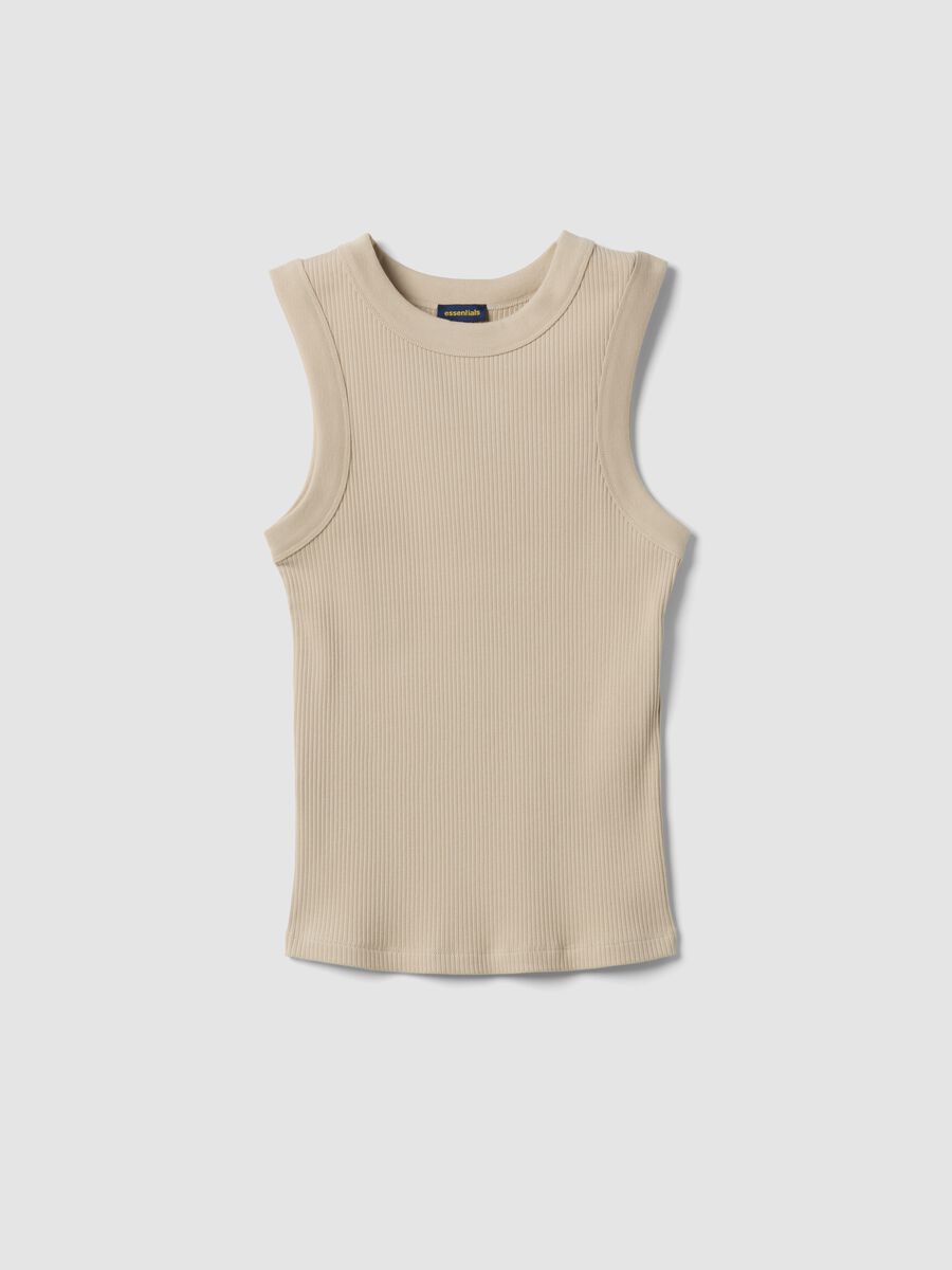 Tank top beige in cotone elasticizzato a costine fitted_0