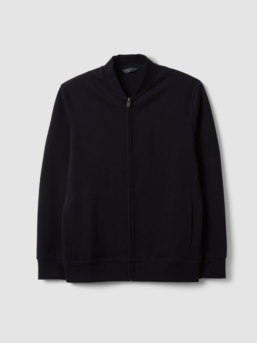 Navy full-zip sweatshirt in stretch piqu&eacute; with ribbed collar_4