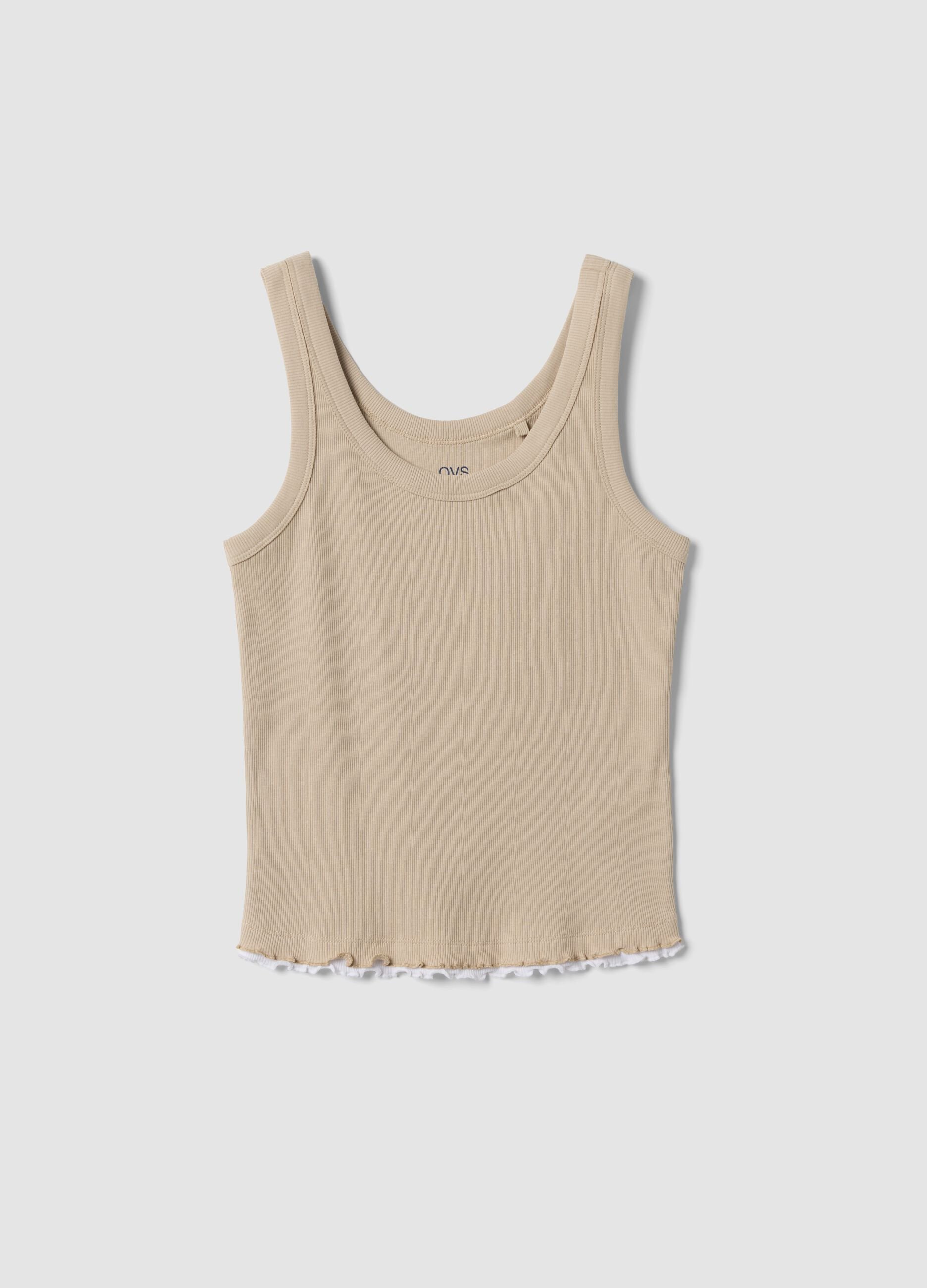 Beige pure cotton ribbed vest top, regular fit