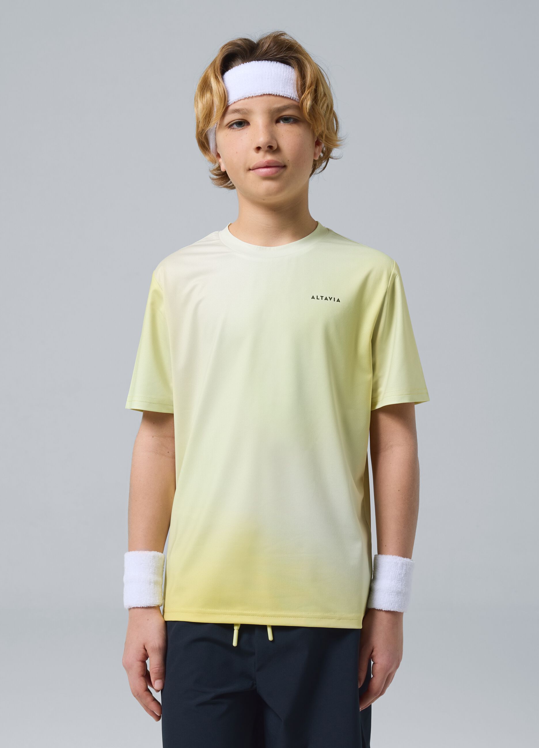 Gelbes Sport-T-Shirt ALTAVIA COURT f&uuml;r Jungen aus elastischem Funktionsmaterial mit Tie-Dye-Effekt