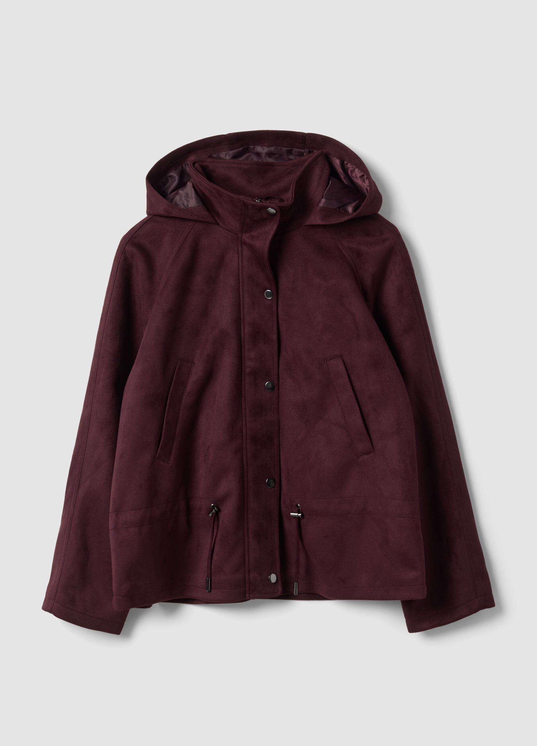 Parka viola con cappuccio e chiusura zip e bottoni