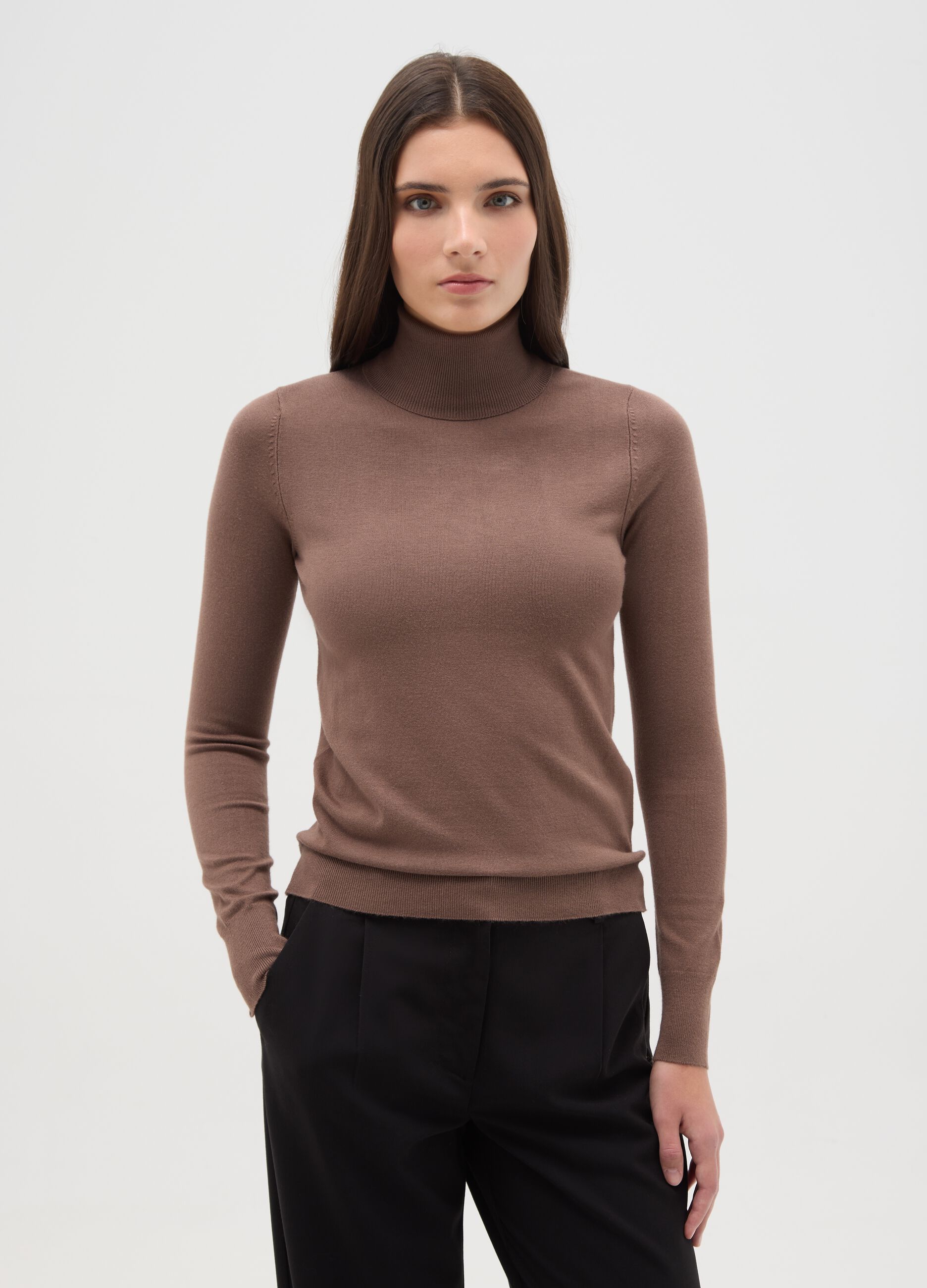 Brown ribbed high-neck sweater with regular fit