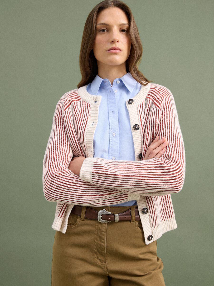 Cardigan bianco in puro cotone a coste con girocollo_1