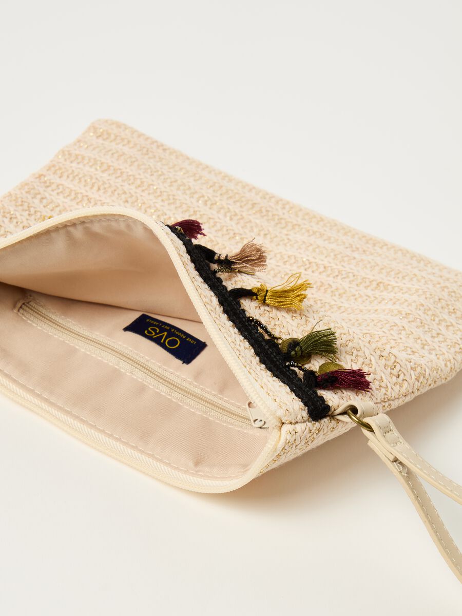 Clutch bag with crochet application and tassels_1